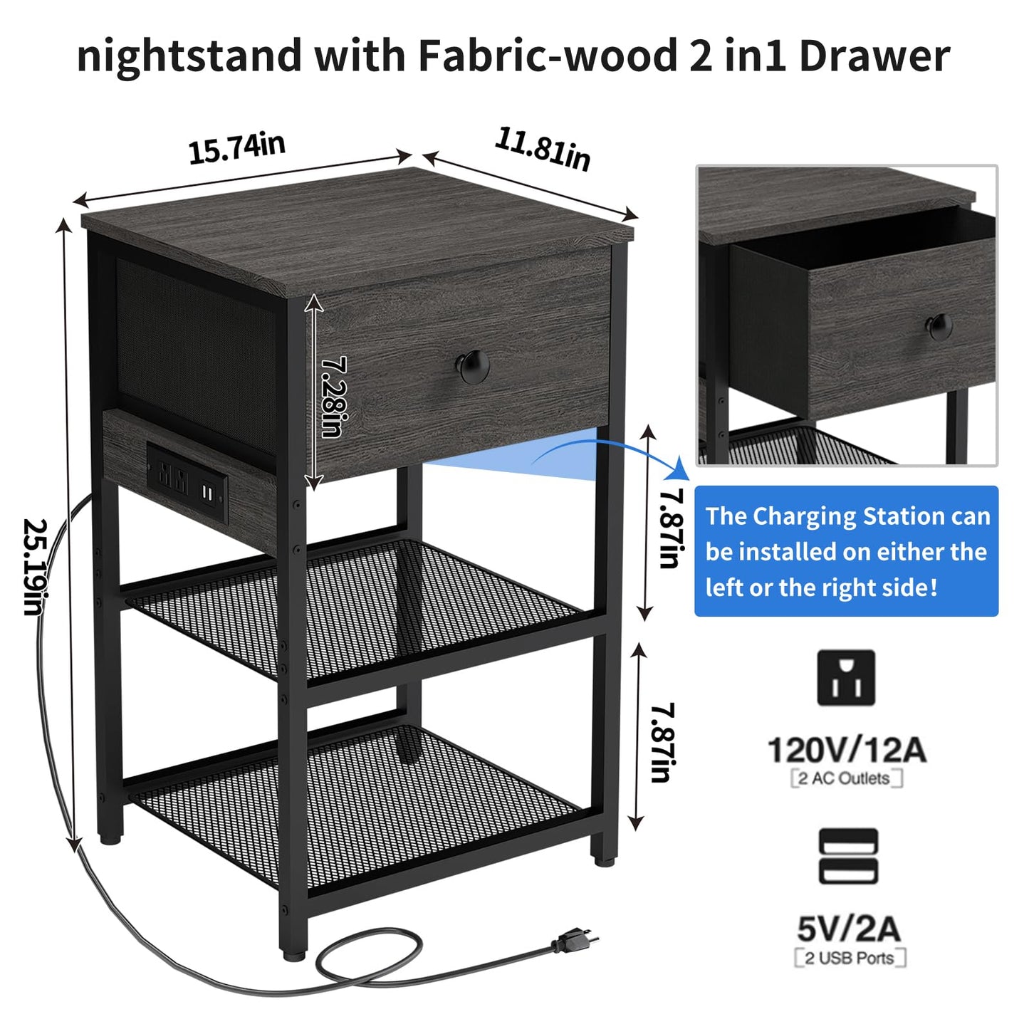 LTTDOUK Nightstands Set of 2 with Charging Station, Bedside Tables with Fabric-Wood 2-in-1 Drawer, End Table for Small Spaces, Grey Side Table with USB Ports and Outlets for Bedroom, Living Room