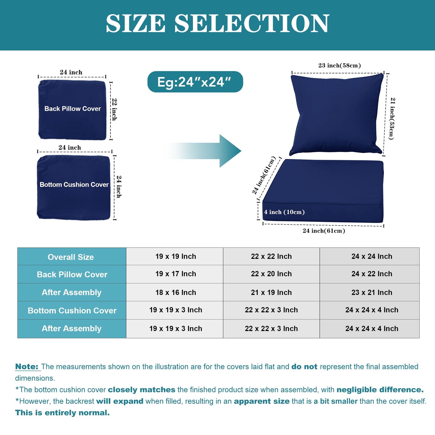 Comcaver Outdoor Chair Cushions 24x24 Inch, Waterproof Fade Resistant Deep Seat and Backrest Cushion Set for Patio Furniture, Navy, 1 Set