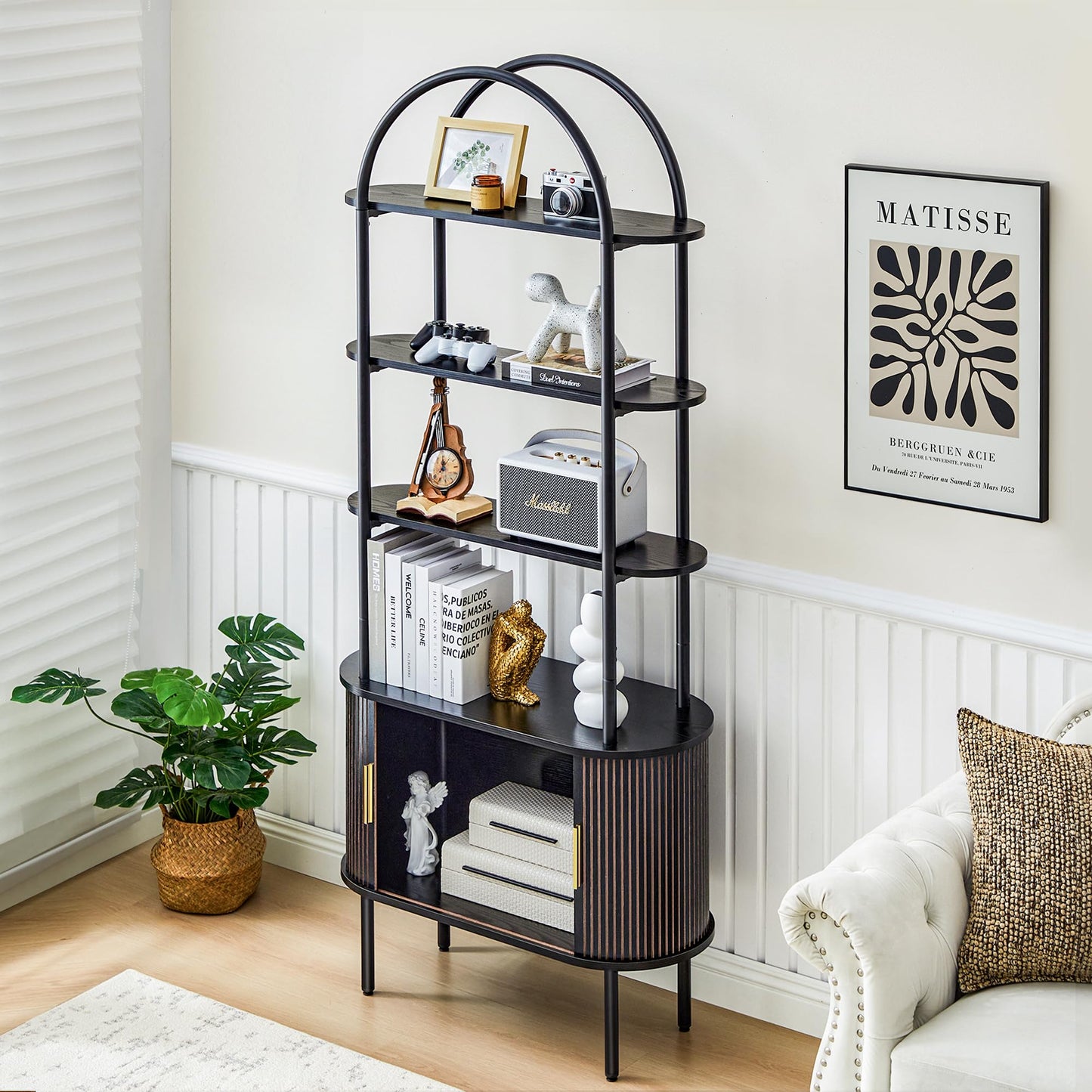 Turtle&Myrtle Tall Arched Bookshelf, Mid Century Modern Fluted Bookcase Cabinet with Sliding Doors, Curved Metal Frame Bookcase, Industrial Storage Display Shelving for Living Room, Bedroom (Black)