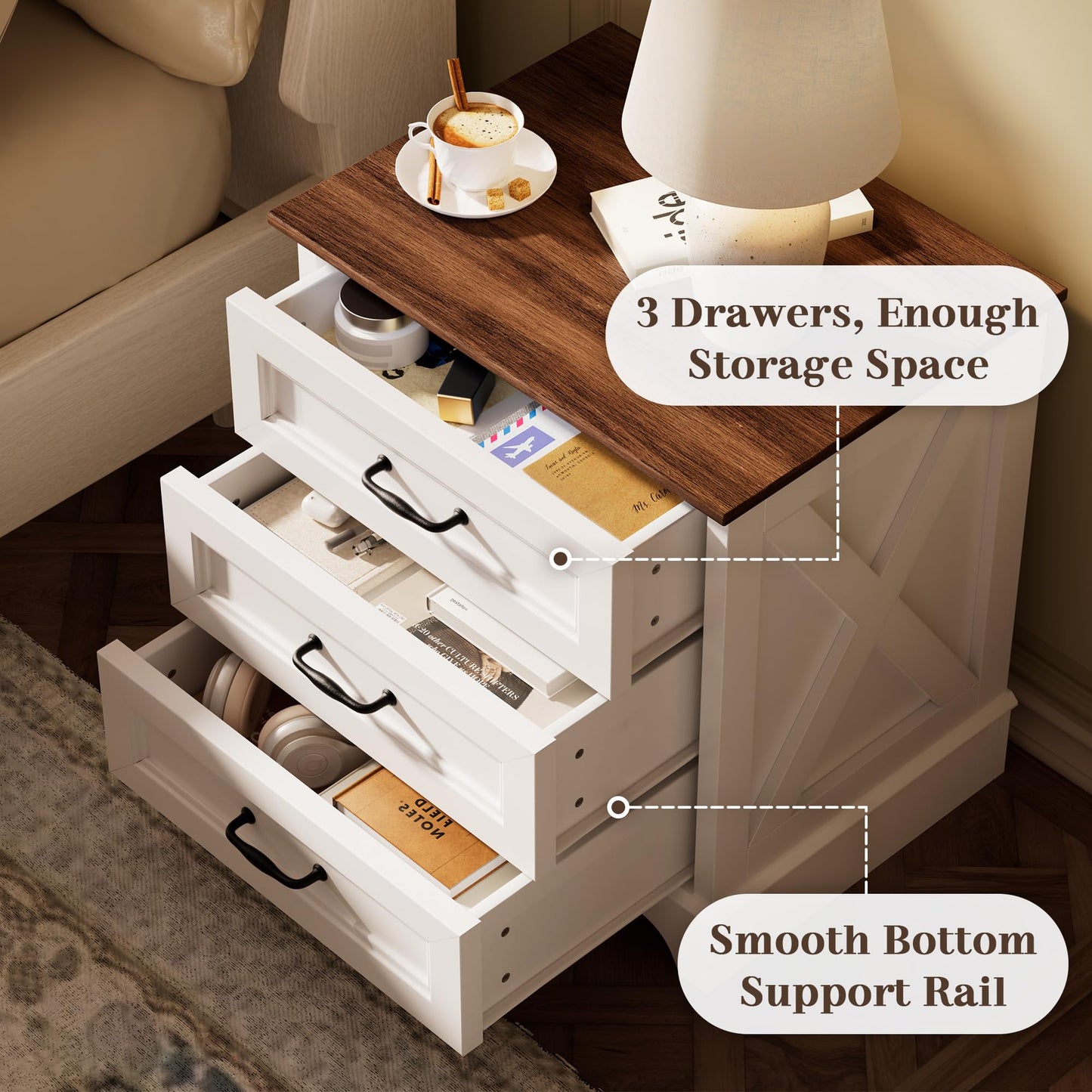 GRUSIGN Nightstand with Drawers - 22.44" Wide End Table with 3 Large Drawers & Bar Handles, Small Rustic Wood Chest of Drawers for Bedroom, Living Room, Closet