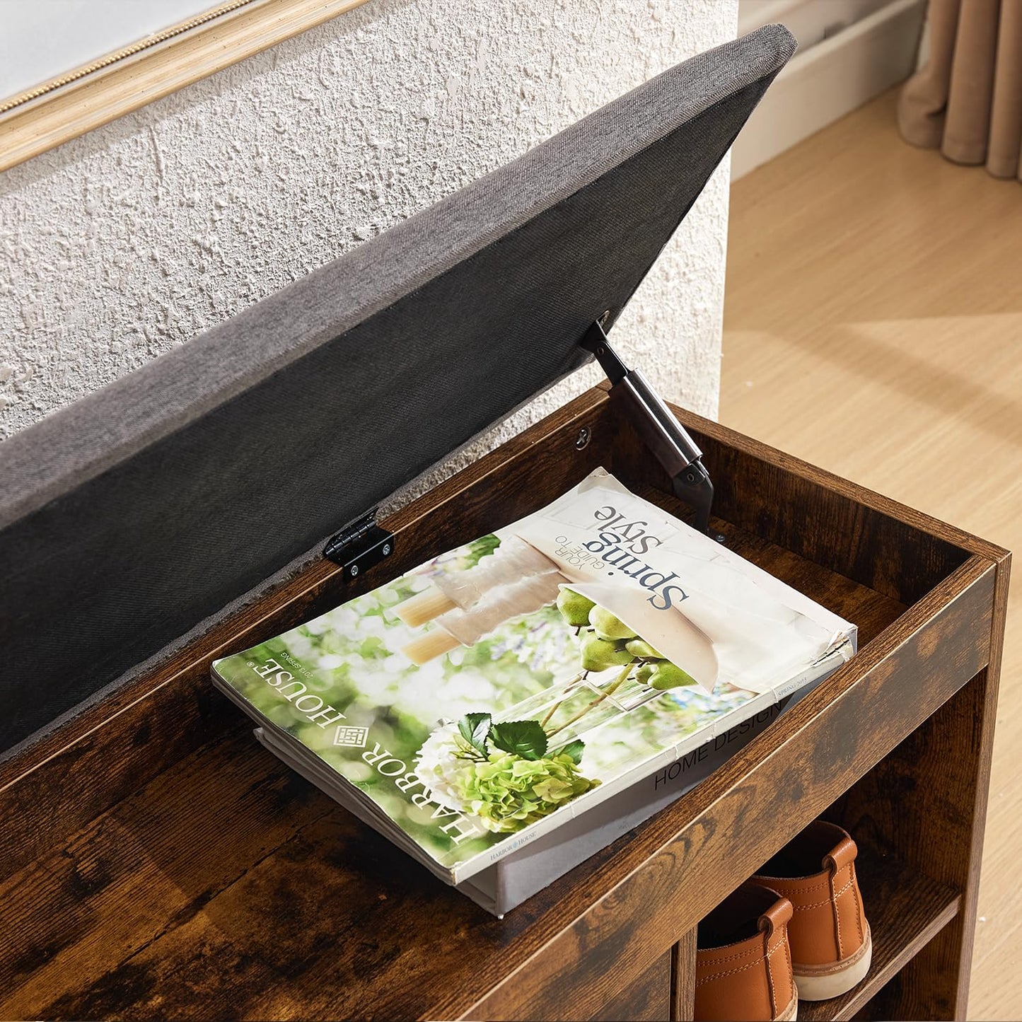 Shoe Storage Bench with Flip Drawers & Lift Top Storage Box, Entryway Bench with Seat Cushion, 3-Tier Short Shoe Cabinet with Adjustable Shelves for Entryway, Hallway, Living Room, Mudroom, Brown