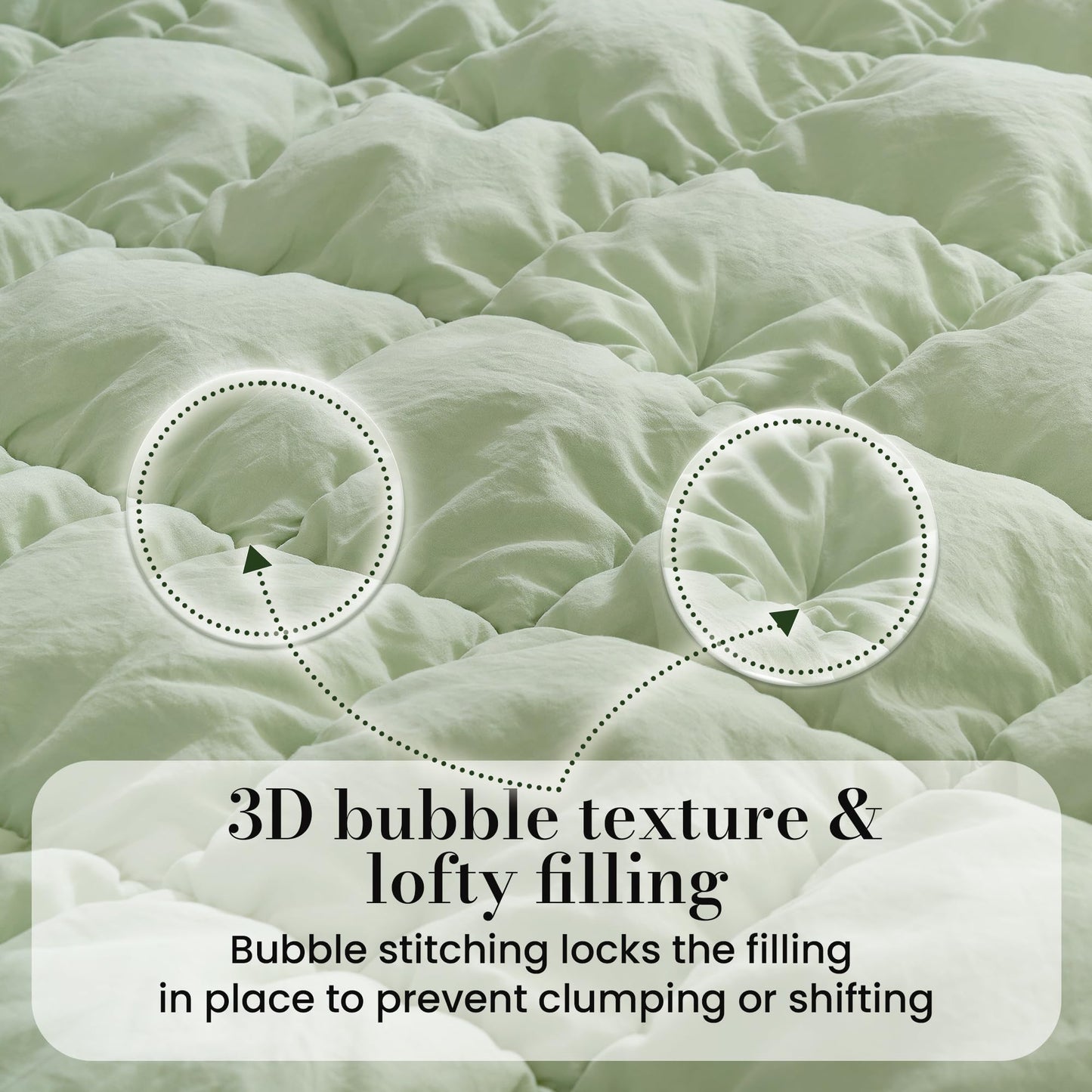 Amélie Home Sage Green Comforter Set Queen, Bubble Lightweight Bed Set Queen Size for All Seasons, 3 Pieces, Bedding Set with Comforters and Pillow Cases