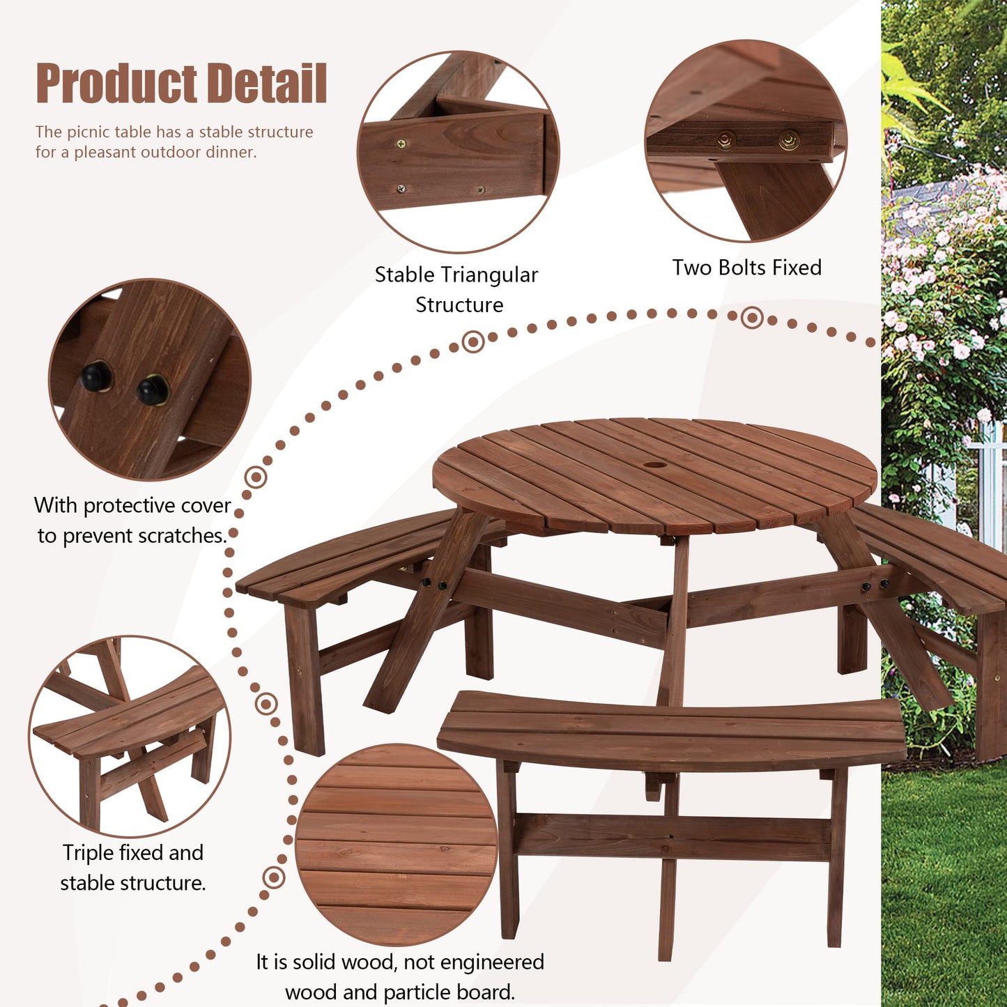 DOPERFE 6-Person Outdoor Round Wooden Picnic Table with 3 Built-in Benches, Outdoor Dining Set with Umbrella Holes, 1720 lb. Weight Capacity for Garden, Lawn, Patio (Brown, 66.92"*66.92"*27.55")