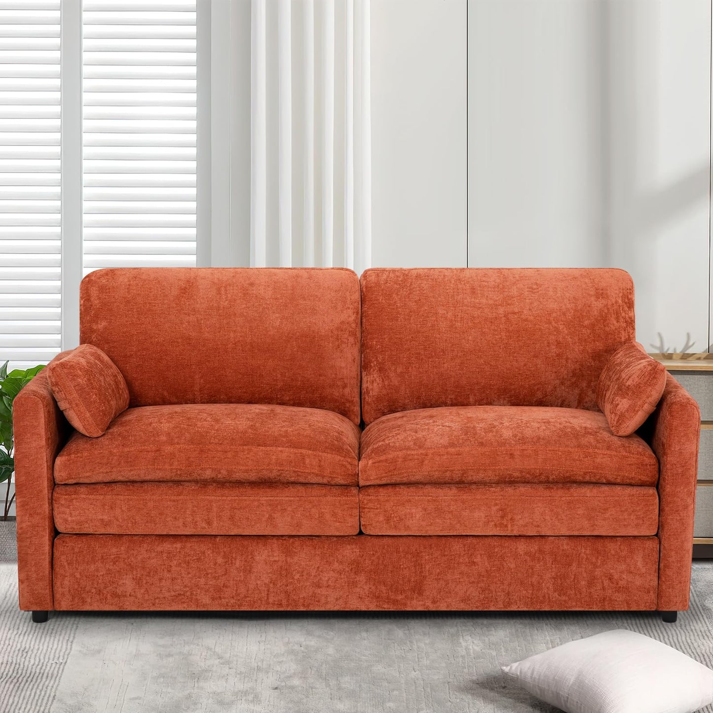 Lesofair 69" Chenille Modern Couch with Cozy & Soft Backrests, 2 Seats Sofa with 2 Extra Pillows, Comfy Upholstered Sofa with Thicker Cushions for Living Room, Office, Orange