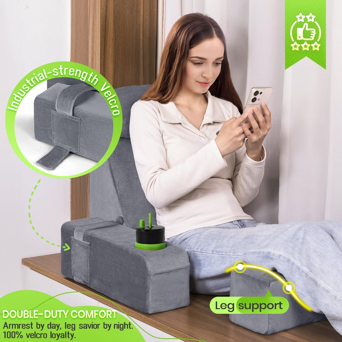 AS AWESLING Reading Pillow for Adults, Back Pillow for Bed Sitting Up, Backrest Pillow for Sitting in Bed, Detachable Arms with Built-in Cup & Phone Caddy (Gray, 21 INCH)