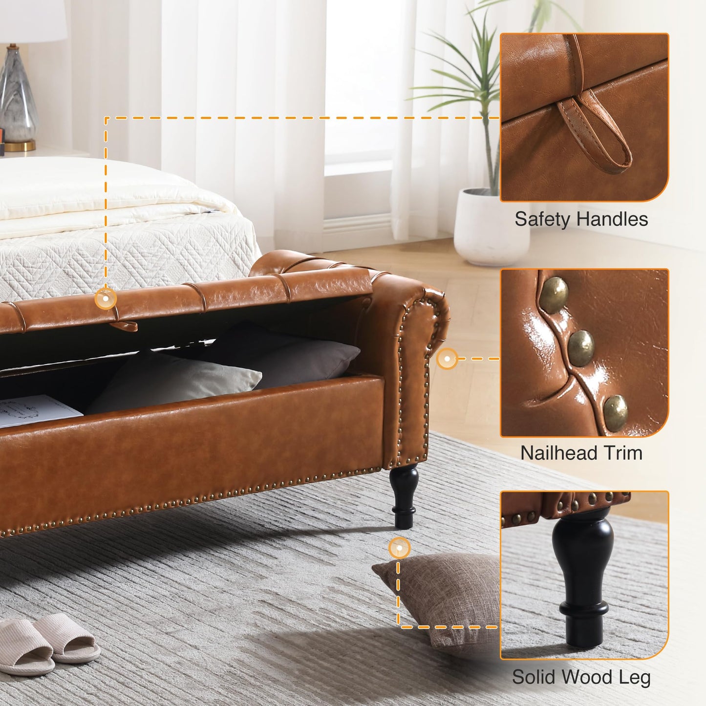 HOMYKA Faux Leather Storage Bench for Bed Room 67 Inch Upholstered Tufted Ottoman Bench with Arms King Size Large Storage Space End of Bed Benches for Bedroom Living Room Entryway Brown