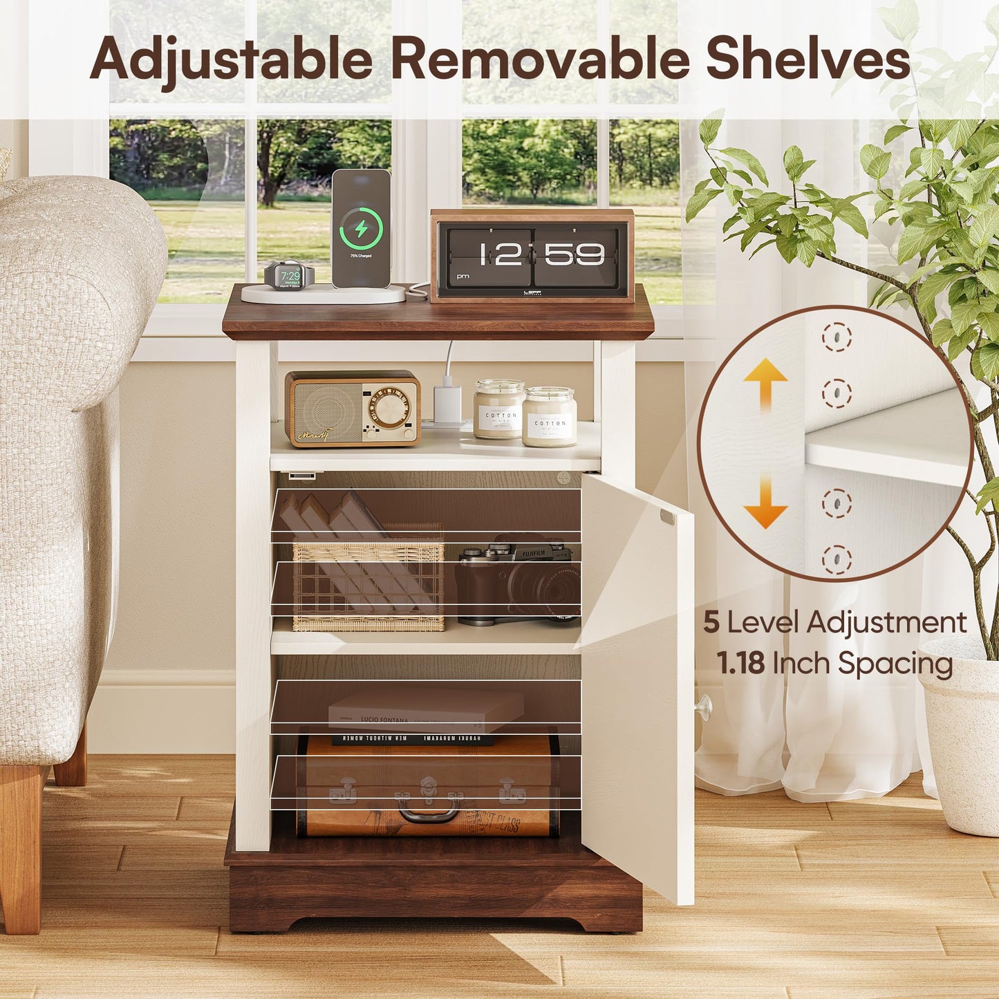 Farmhouse End Table with Charging Station, 18'' Wide Rustic Nightstand w/Rivet Barn Door & Adjustable Storage Shelf, Wood Sofa Side Tables w/Open Shelf & Storage Cabinet for Living Room, Bedroom