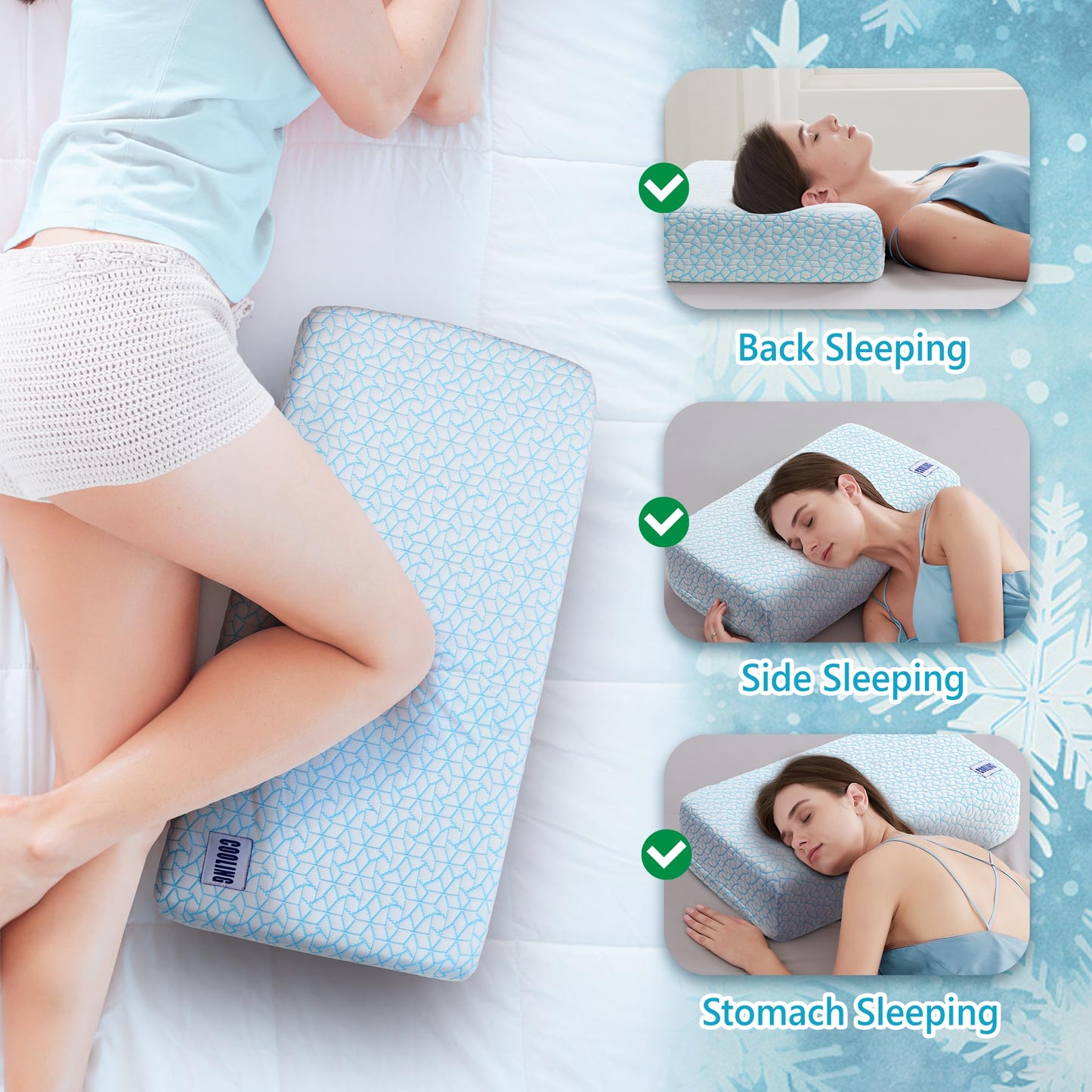 Polyaround Cooling Cube Pillow for Side Sleepers, 40D High-Density Memory Foam Support Head Crevical Square Pillow for Neck and Shoulder Pain, 24 ”x12 x5”, Blue