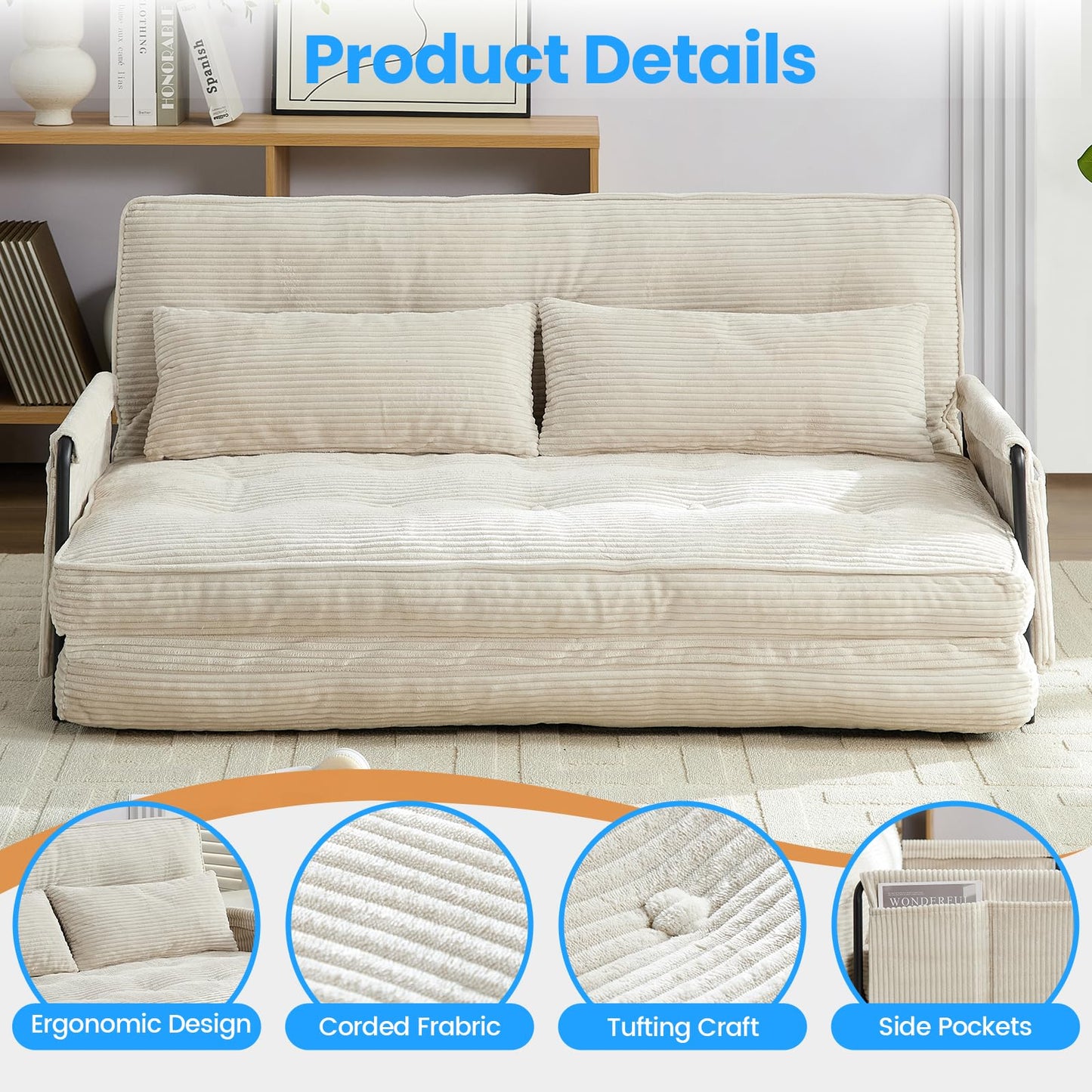 PUREMIND Adjustable Floor Sofa Couch with 2 Pillows, Convertible Pull Out Sofa Bed with Adjustable Backrest, Multi-Functional Lazy Armchair Sleeper Bed, Foldable Single Chairs for Living Room