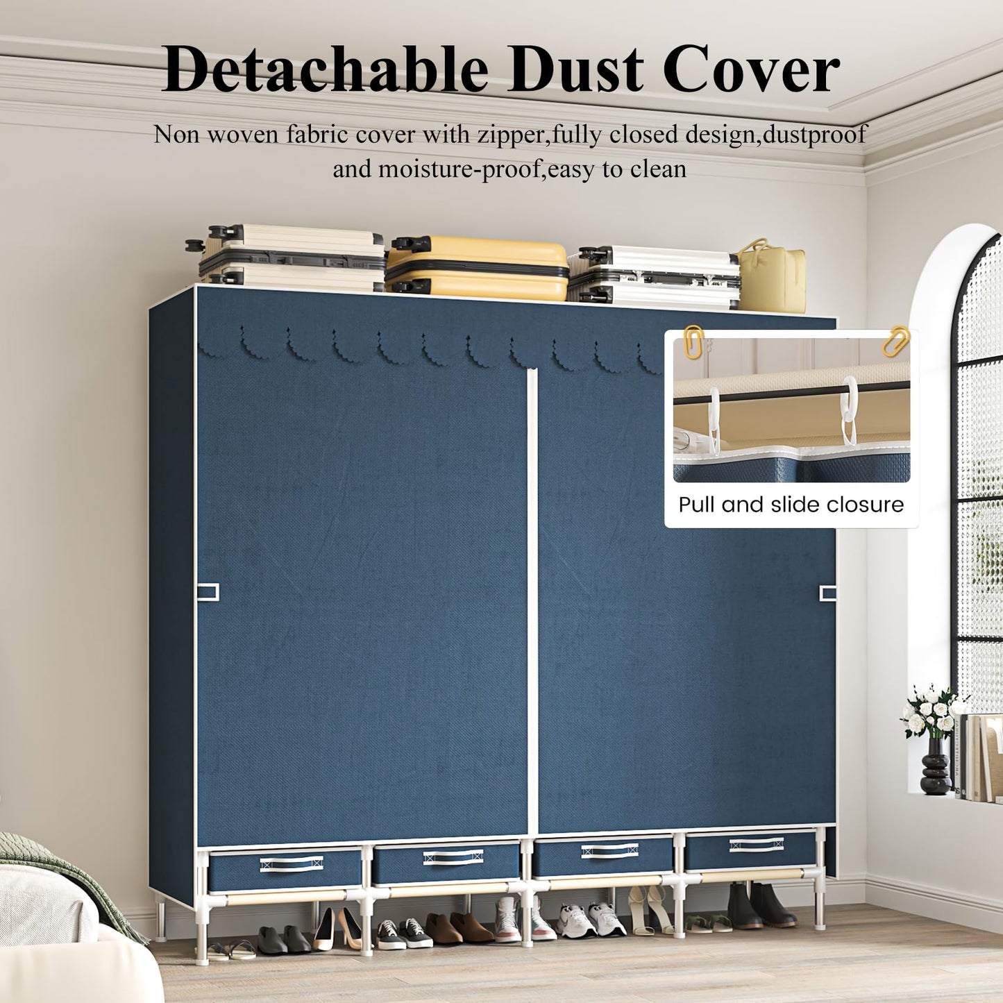 LEAIJIAFY Portable Wardrobe with 4 Drawers and 3 Shelves, 67 Inch Large Capacity Freestanding Wardrobe Hanging Organizer with Lid for Bedroom, Blue
