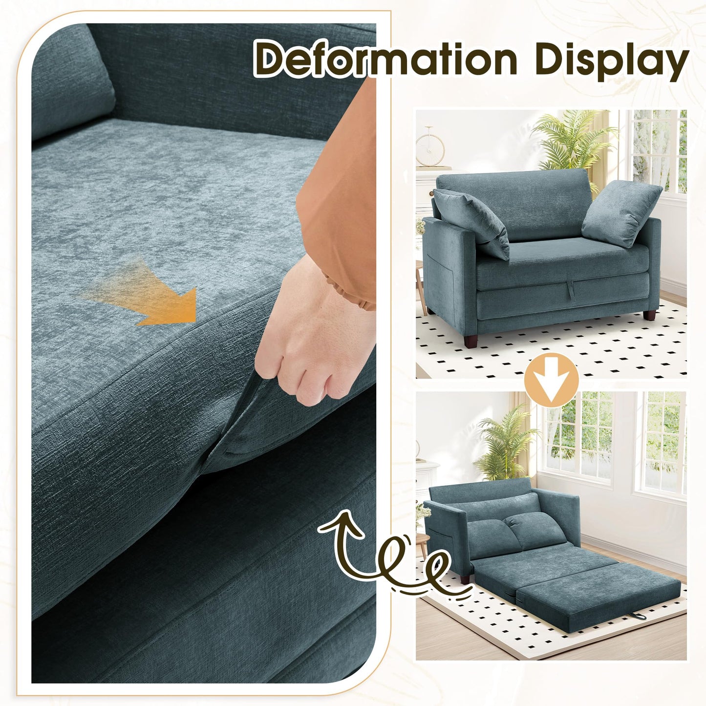 Myroyalsit 51" Convertible Loveseat Sofa Bed, 2-in-1 Folding Sofa Bed with 2 Pillow for Small Spaces, Modern Loveseat Sleeper Couch for Apartment, Living Room & Guest Room (Light Blue)