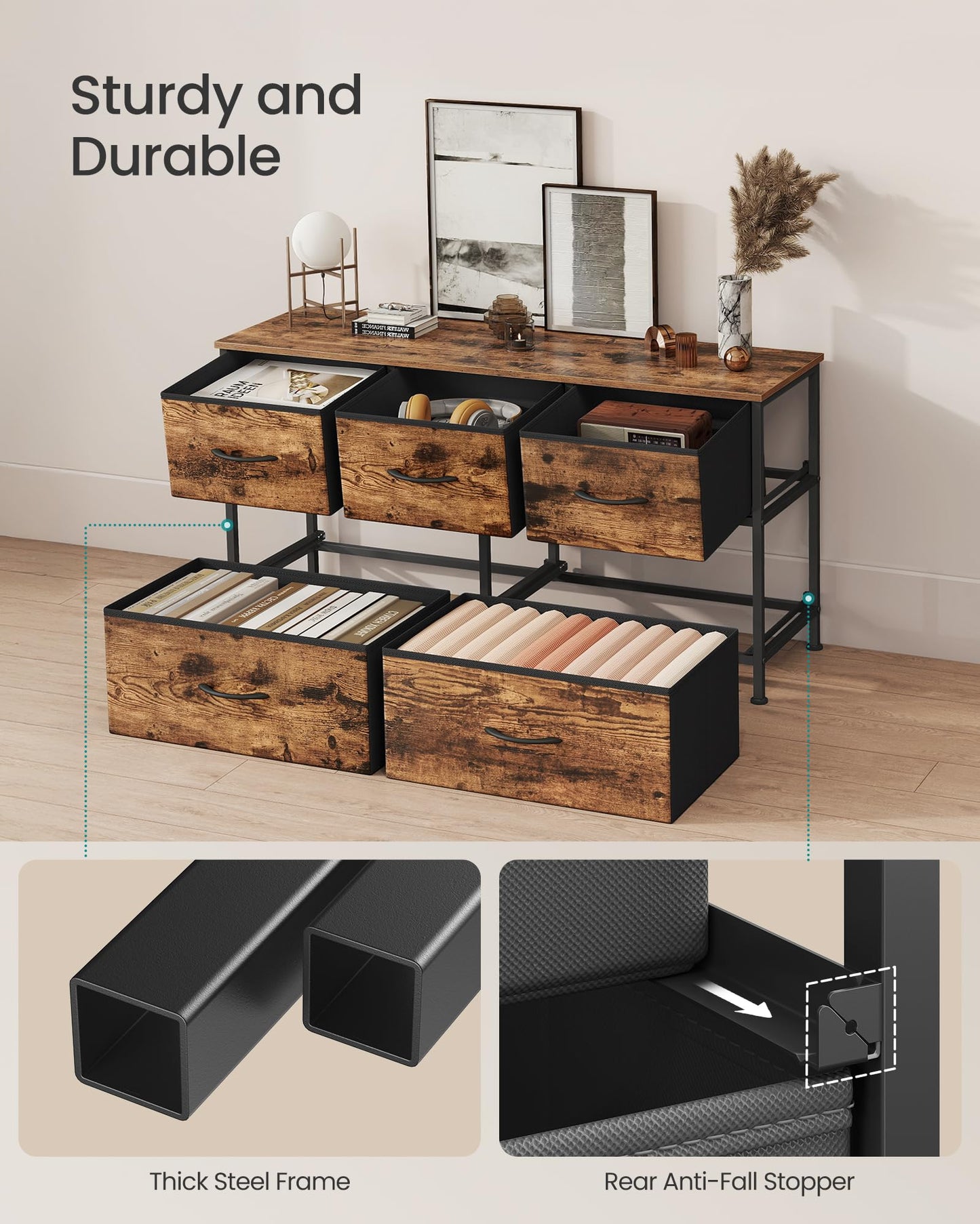 SONGMICS Dresser for Bedroom, Chest of Drawers, TV Stand, Steel, MDF, 5 Non-Woven Fabric Drawers, Storage Organizer Unit, Closet, Entryway, Rustic Brown and Ink Black ULGS322B02S