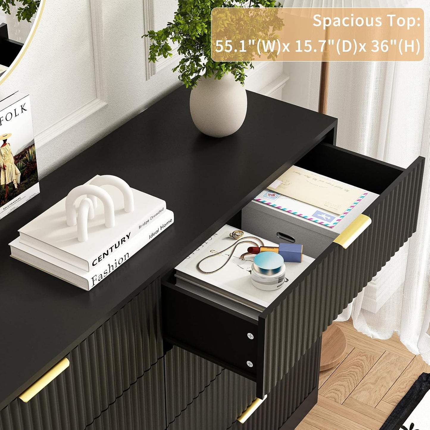 Sscaktu 8 Drawer Dresser for Bedroom, Modern Fluted Double Dresser, 55" Wide Chest of Dressers, Wooden Beside Table for Closet, Living Room and Entryway, Black