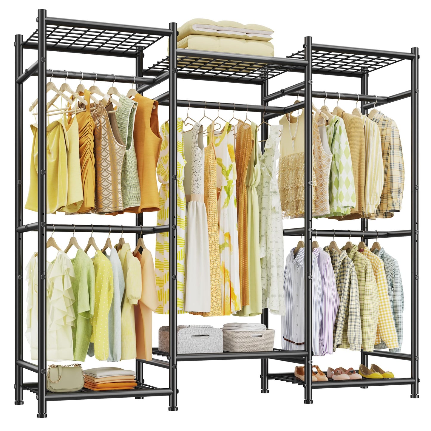 Raybee Clothes Rack Heavy Duty Clothing Racks for Hanging Clothes Metal Portable Closet for Bedroom Adjustable 66.5" Wx15.75 Dx74.8 H Black