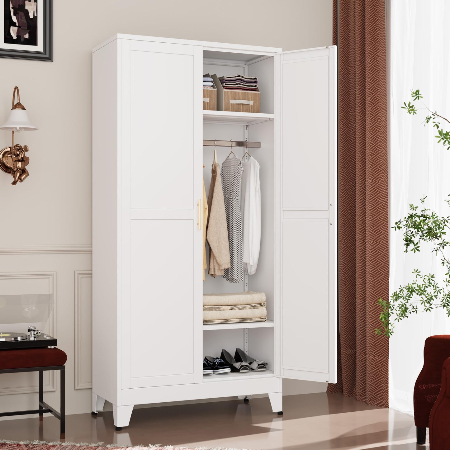 GAIOUS Metal Wardrobe Cabinet with Hanging Rod, 71" Metal Clothing Storage Cabinets with 2 Doors and Adjustable Shelves, White Armoire Wardrobe Closet for Bedroom, Laundry Room, Cloak Room