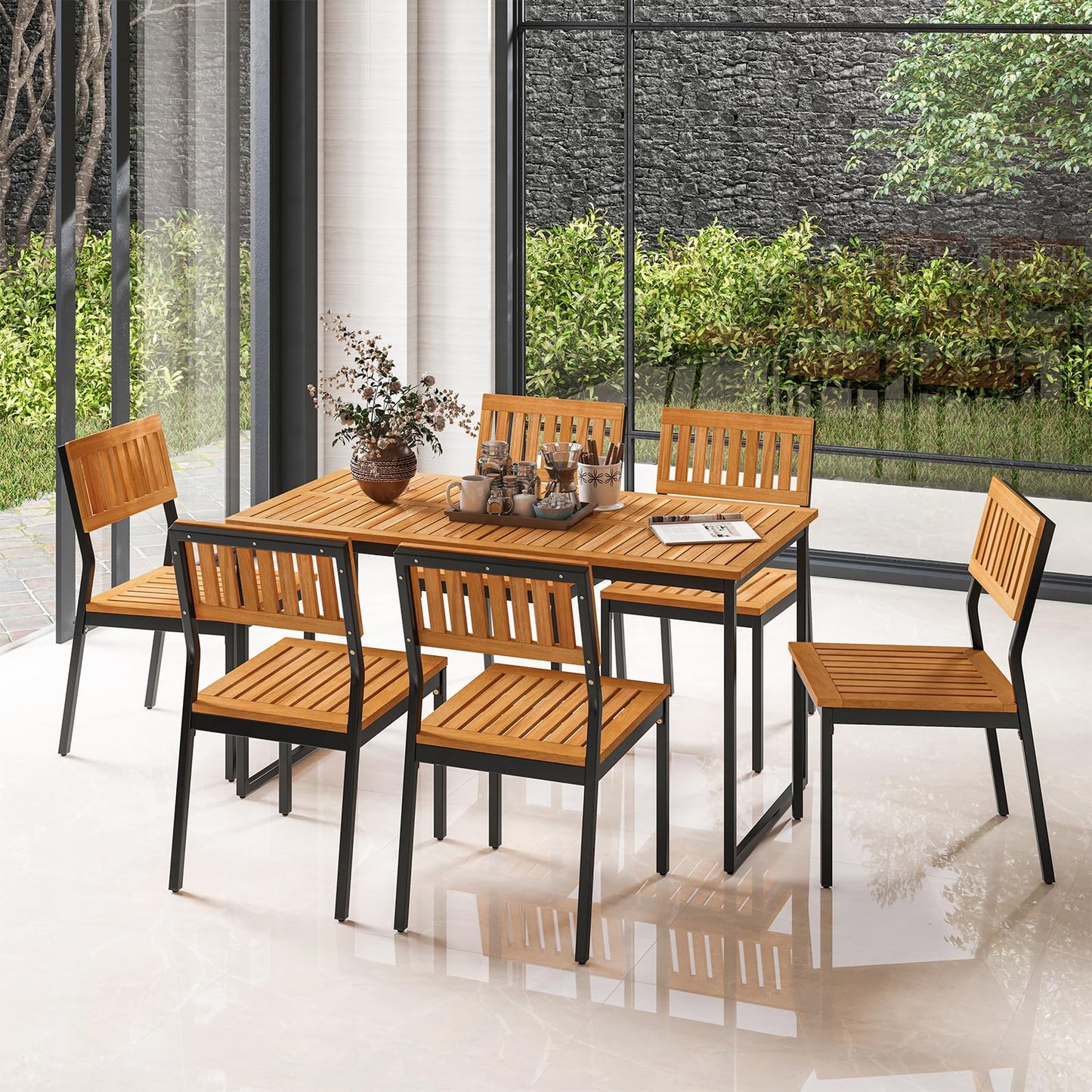 Tangkula Patio Dining Chair Set of 2, Outdoor Armless Chairs w/Metal and Acacia Wood Frame, All-Weather Bistro Chairs, for Indoor Lawn Backyard Patio Garden Deck Balcony