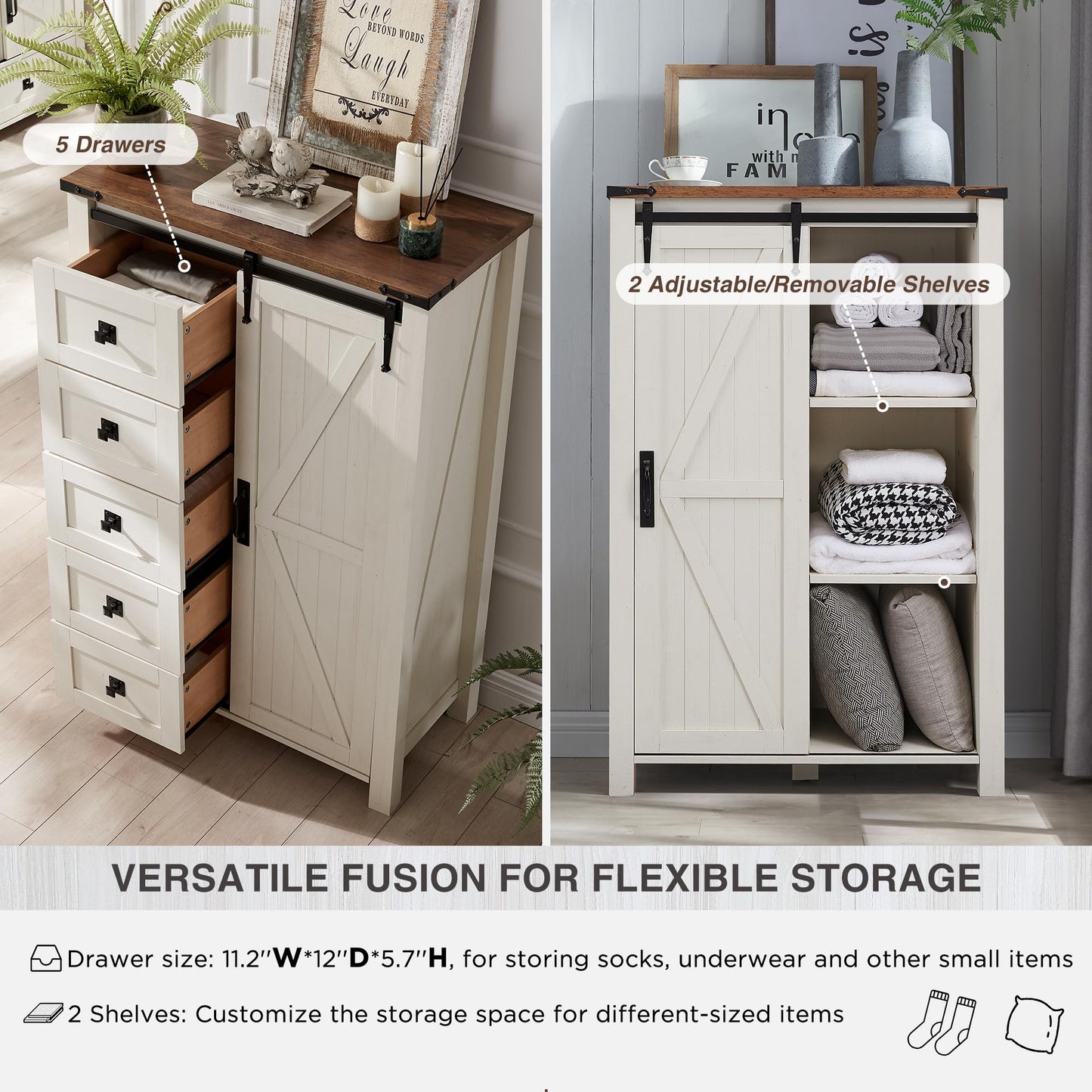 T4TREAM 5 Drawers Dresser for Bedroom w/Sliding Barn Door, Farmhouse Modern Tall Dresser 5 Chest of Drawers, Storage Organizer for Bedroom, Hallway, Living Room, Kids Room, Antique White