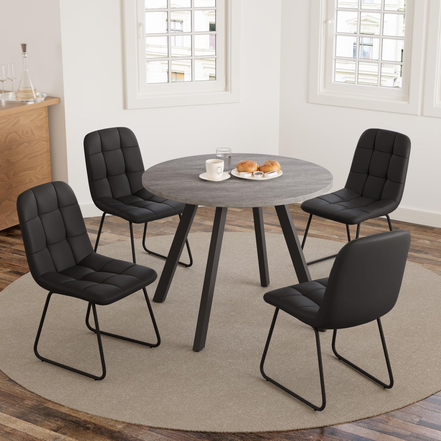 Zerifevni 34.6'' Dining Table and Chairs for 4, Mid Century Modern Round Table Set, Space Saving for Apartment Kitchen Dining Room (Grey Table+4 U-Shaped Black Chairs)