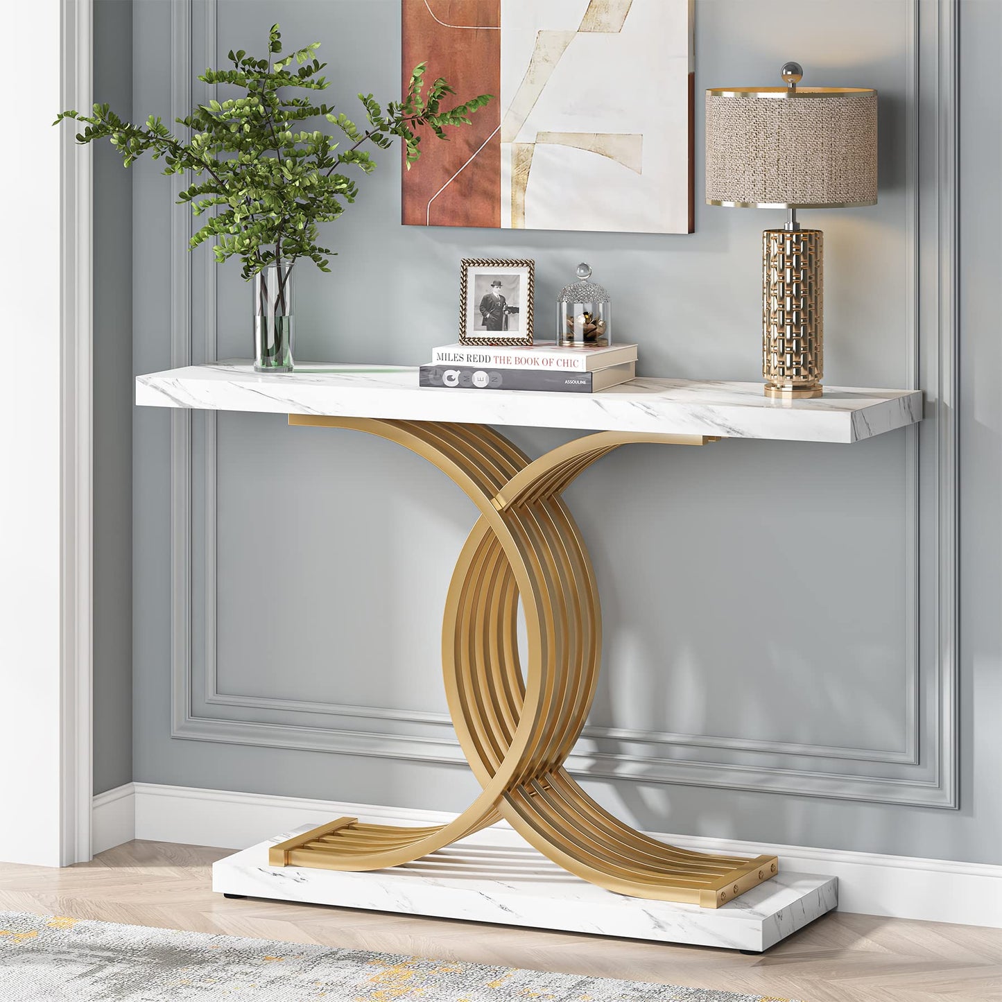 Gold Entryway Table, Modern 39" Console Table with Geometric Metal Legs, Faux Marble Narrow Wooden Sofa Table, Foyer Hallway Tabl for Entrance, Living Room (Gold & White)
