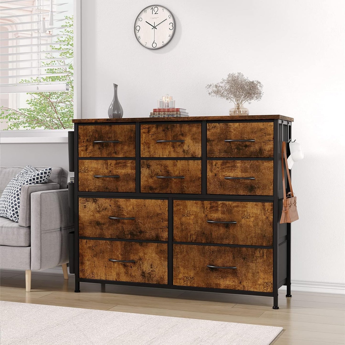 Dresser for Bedroom, 10 Drawers Fabric Storage Drawer, Dressers & Chest of Drawers with Side Pockets, Hooks, Wood Tabletop for Closet, Living Room, Hallway (Brown)