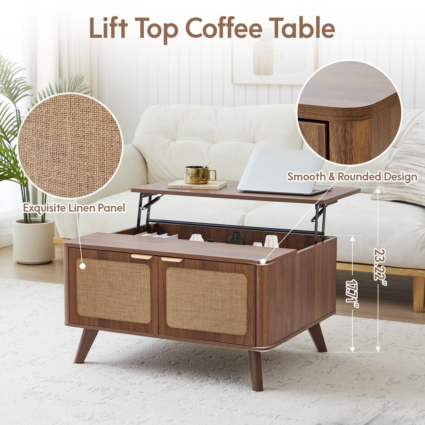AVZEAR Wood Lift Top Coffee Table with Storage, Mid Century Modern Coffee Table with Nature Linen Doors & Large Hidden Storage, Curved Edge Center Table Farmhouse Coffee Tables for Living Room, Walnut