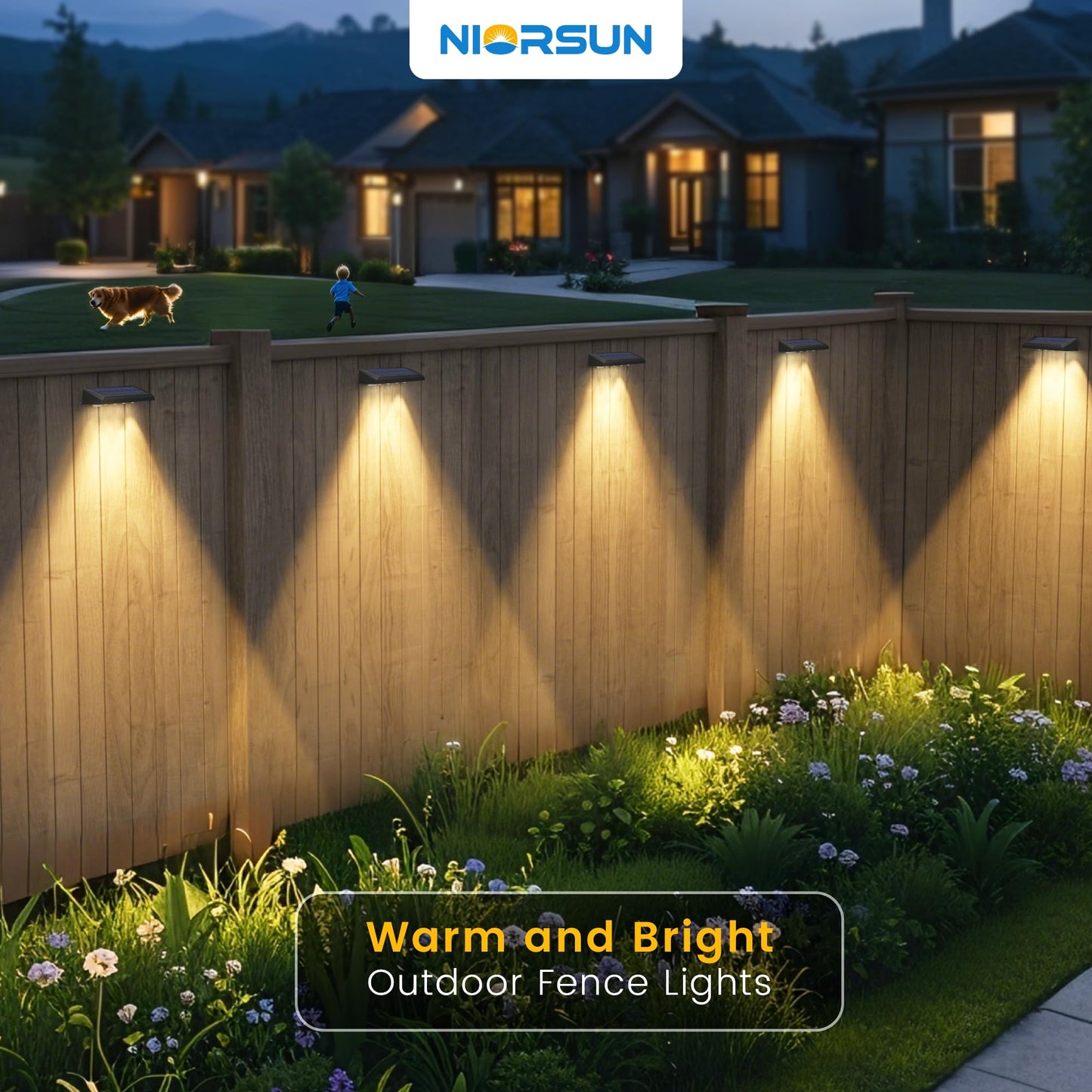 NIORSUN Solar Fence Lights 12 Pack, 3000K Warm White with 4 Spot Lenses, 100 Lumens Wider Coverage, IP65 Waterproof, Auto On/Off, Peel and Stick for Fence, Deck, Wall, Garden