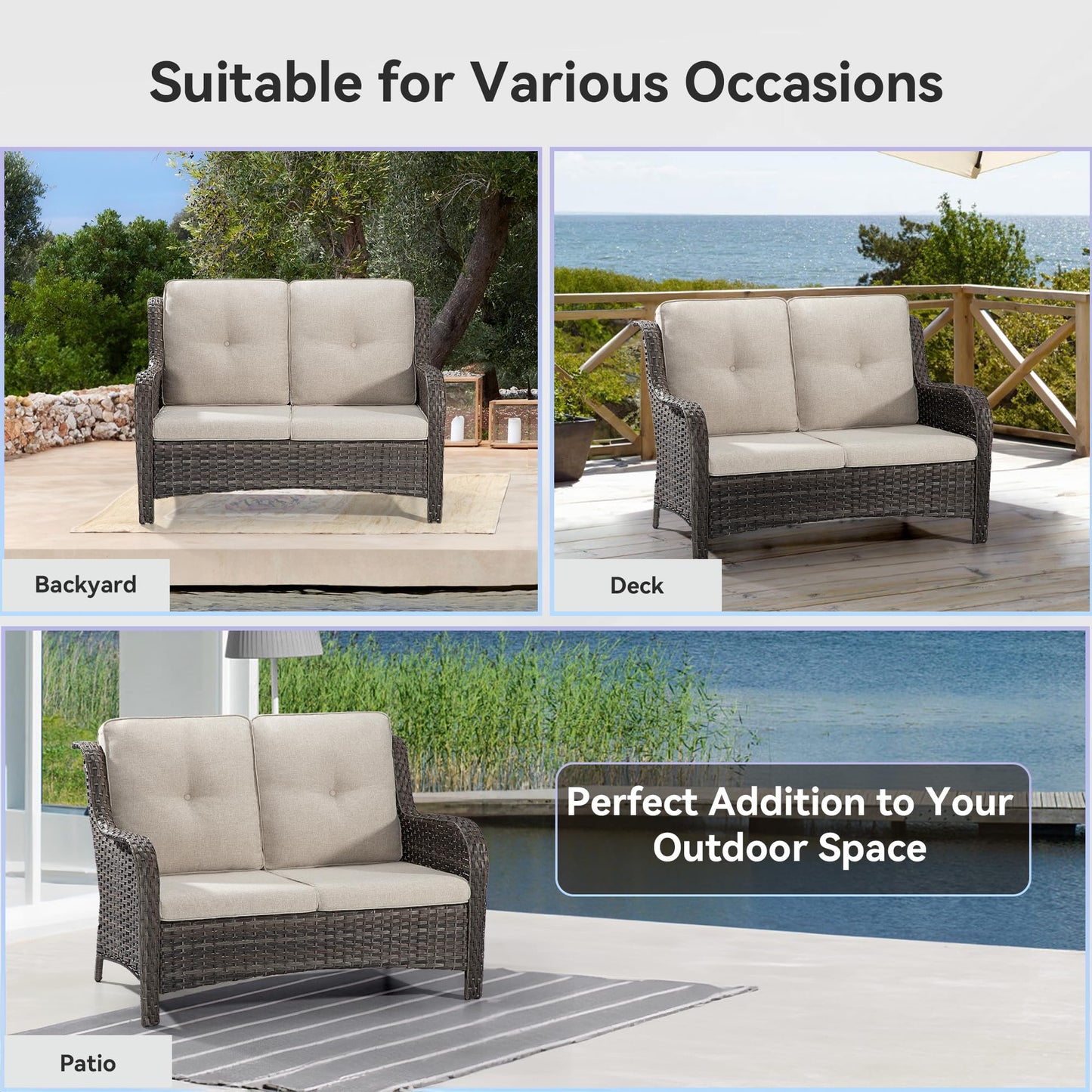 Joyside Outdoor Patio Wicker Loveseat Sofa - 2-Seater Rattan Sofa for Outside Patio Garden with Deep Seating and Olefin Cushions(Mixed Grey/Beige)