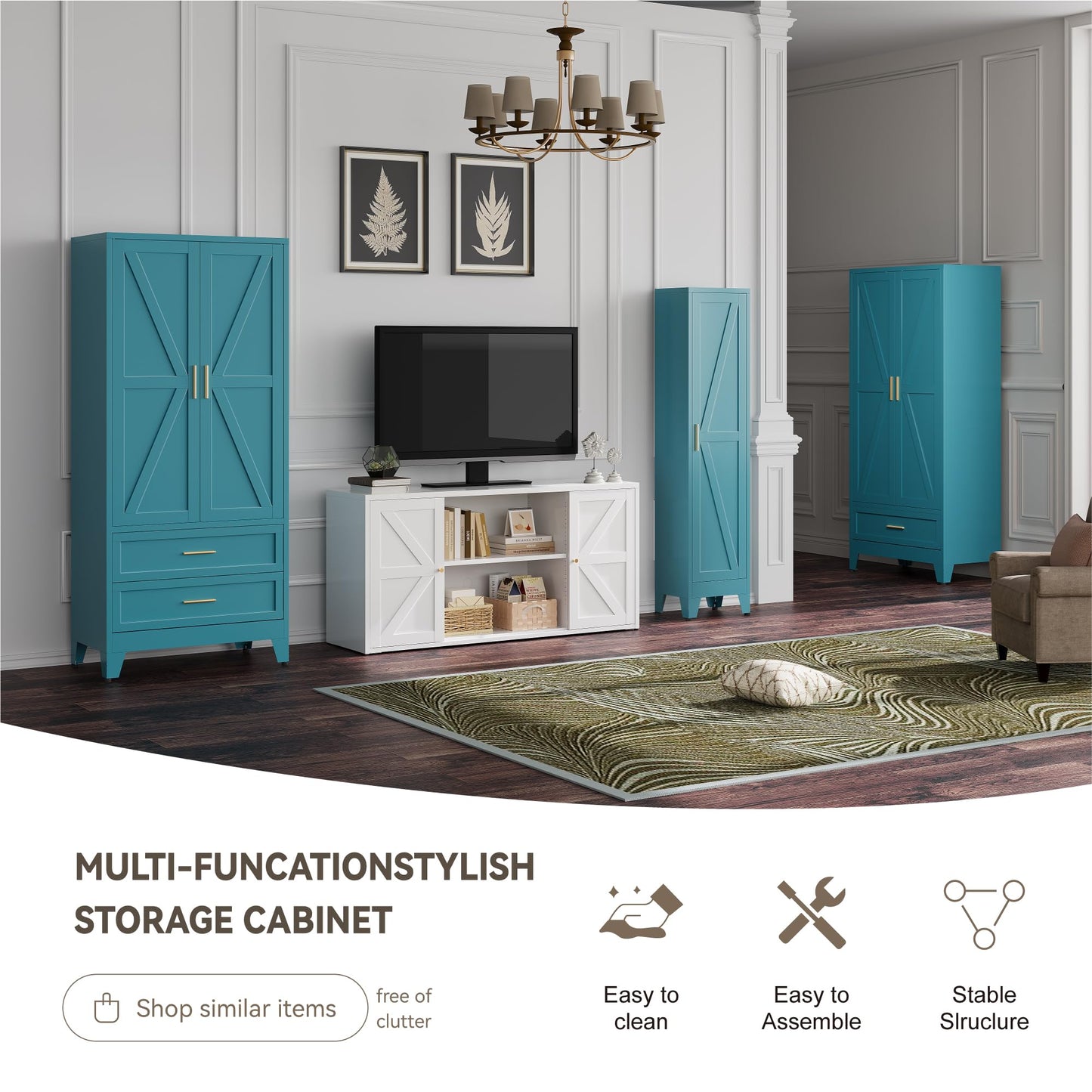 Baborokic Metal Wardrobe Cabinet with Hanging Rod, 71" Armoire Wardrobe Closet with 2 Drawers,Farmhouse Metal Clothing Storage Cabinets with Door and Adjustable Shelves for Bedroom,Laundry Room(Blue)