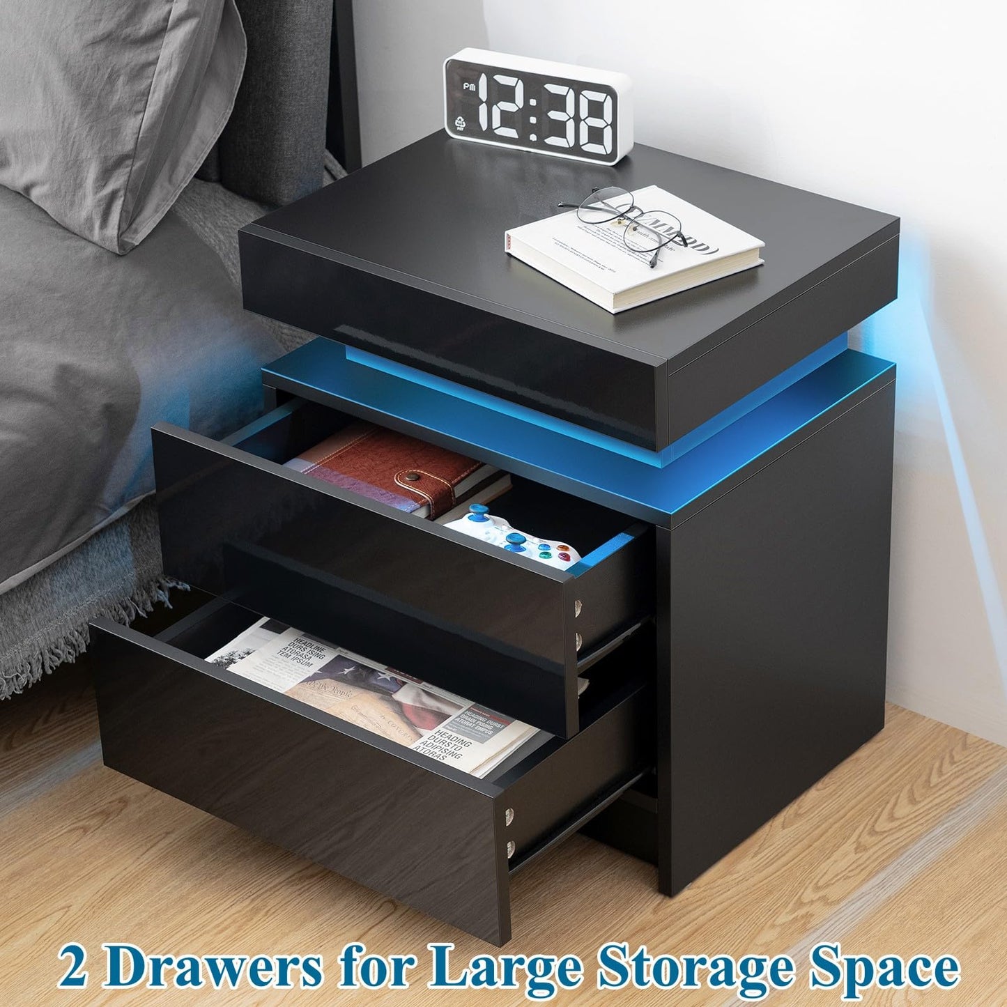 HOMMPA LED Nightstand - Modern Black Night Stand with 2 High Gloss Drawers - 20.5' Tall