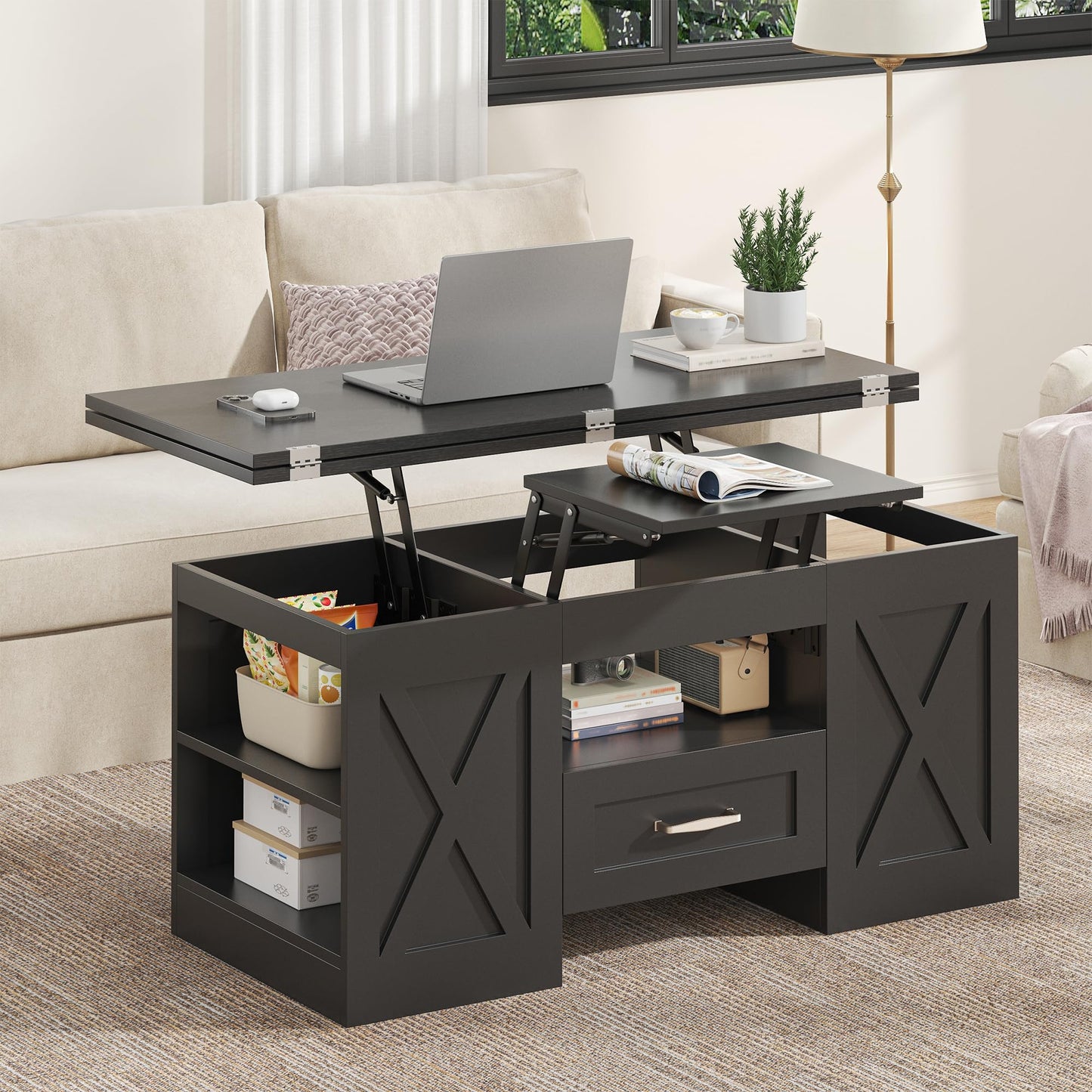 Nosepen Coffee Table, 39.37" Lift Top Coffee Table with Drawer & Open Storage Shelves, Large Rectangular Farmhouse Living Room Table, Center Table for Living Room, Home Office, Espresso, Black