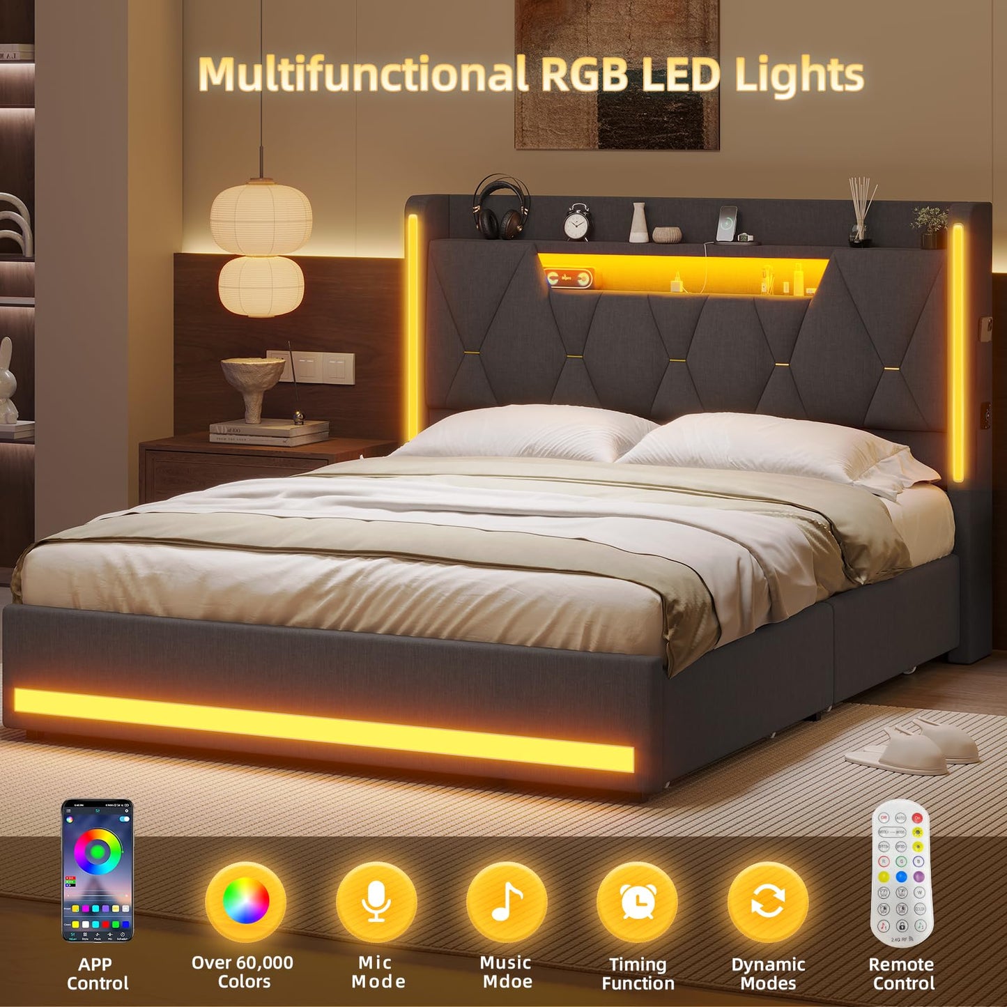 busyaeh Queen Size Bed Frame with 4 Drawers,Light up Bed Frame with Headboard and Storage, Metal Queen Platform Storage Queen Bed with Charging Station, No Box Springs Needed, Easy Assembly,Dark Gray