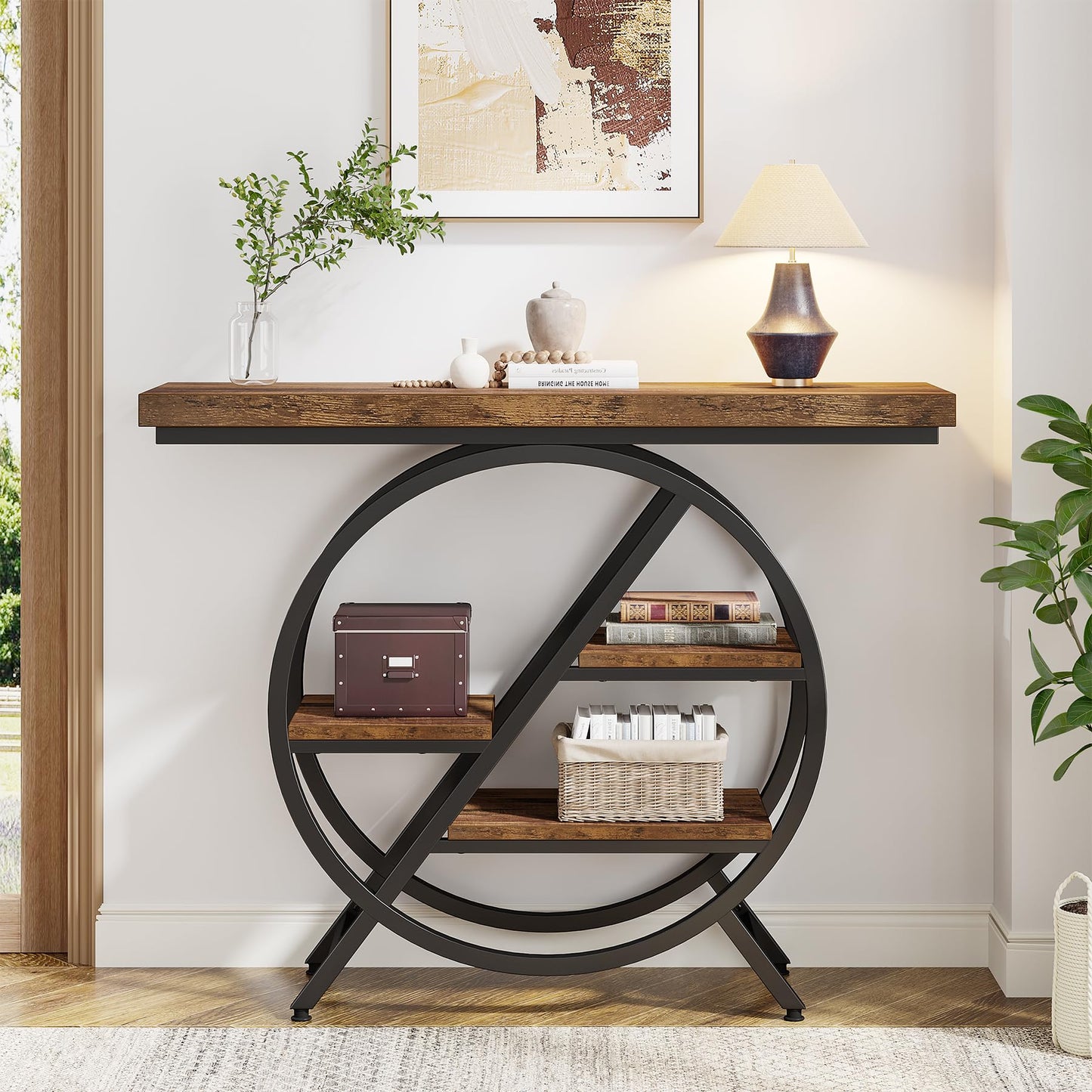 Tribesigns Console Table, 40-Inch Entryway Table with Storage Shelves, 4-Tier Industrial Hallway Sofa Table with Geometric Metal Frame, Accent Table for Living Room, Entryway, Rustic Brown