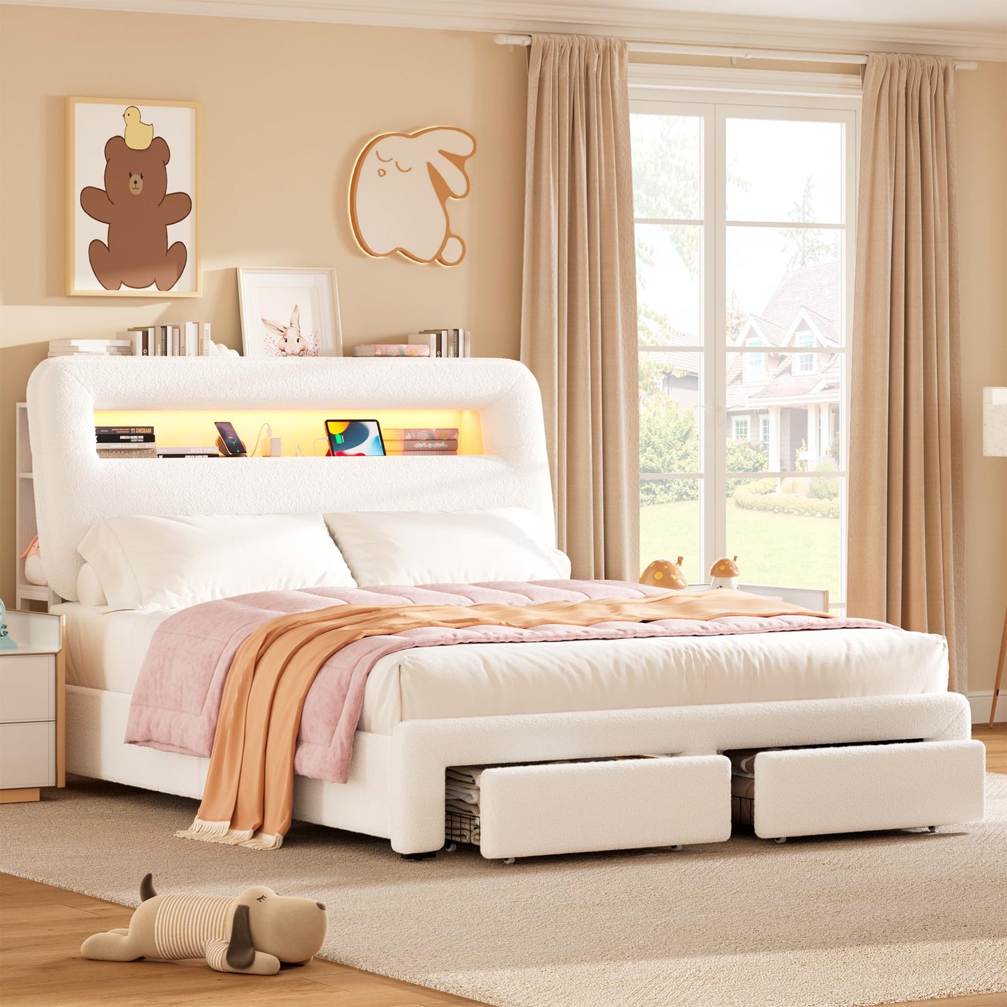 VINTLJUS Queen LED Bed Frame with Storage Headboard & Charging Station, Kids Bed Frames with Bookcase, Teddy Fleece Upholstered Platform Bed Frames with 2 Storage Drawers, No Box Spring Needed, Beige