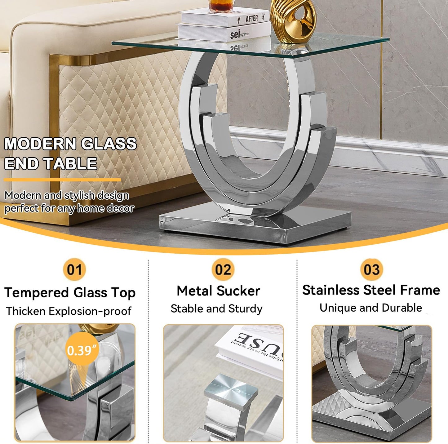 Pvillez Glass End Table with Silver Ring-Shaped Stainless Steel Base, Sqaure Sofa Side Table for Living Room, Clear Glass Accent End Tables Bedside Tables Nightstand for Bedroom Home Office