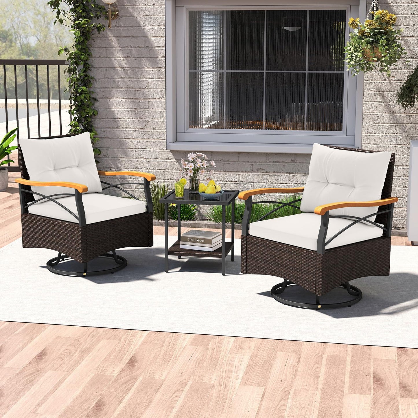 Tangkula 3 Piece Outdoor Swivel Chair Set, Patio Wicker Rotating Cushioned Chairs with 2-Tier Tempered Glass Side Table, for Porch, Yard, Balcony, Garden (Off White)