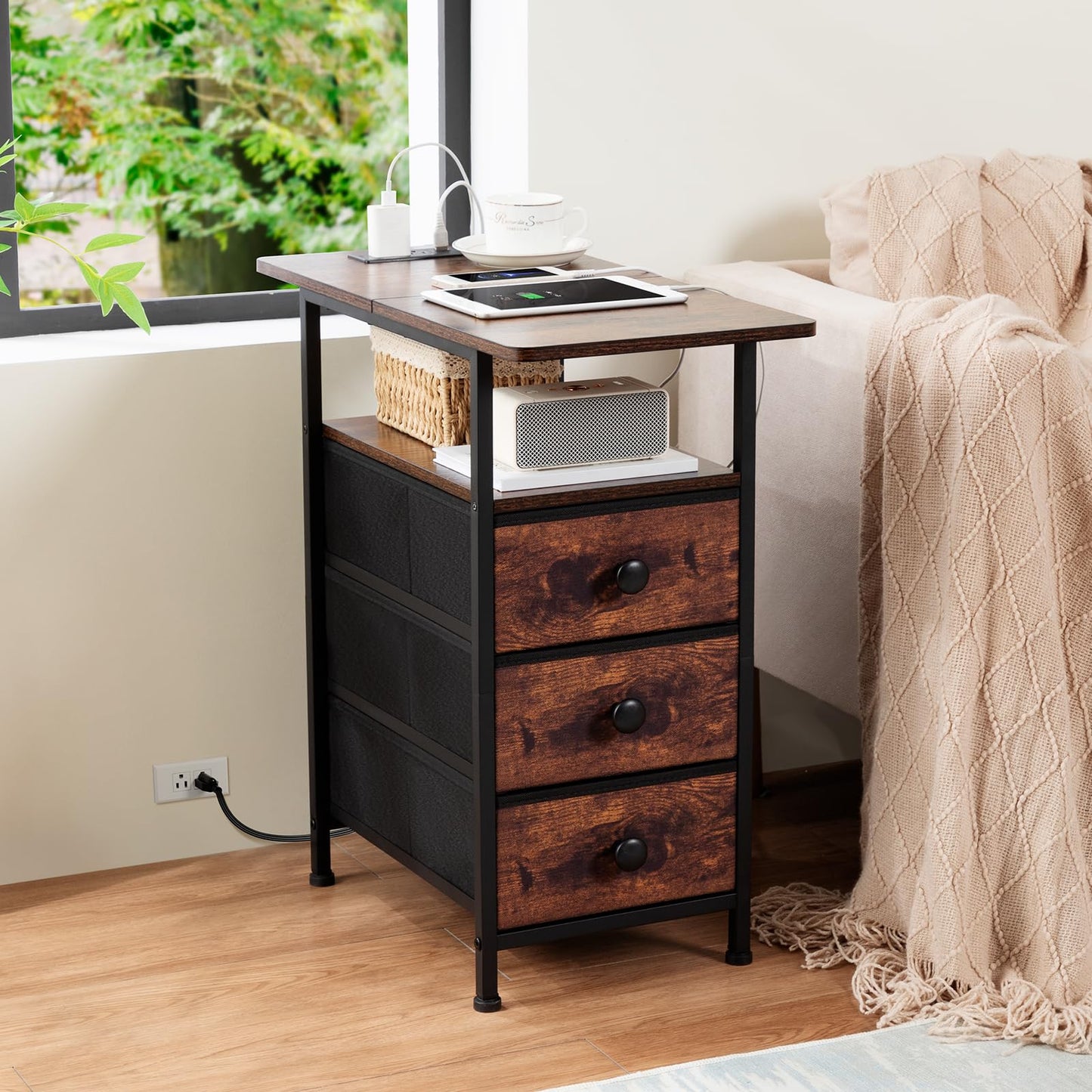 AMHANCIBLE End Tables Living Room with Charging Station, Narrow Side Table with USB Ports and Outlets, Slim Nightstand with 3 Fabric Drawers for Bedroom, Small Space, Rustic Brown, HETN013BR-1