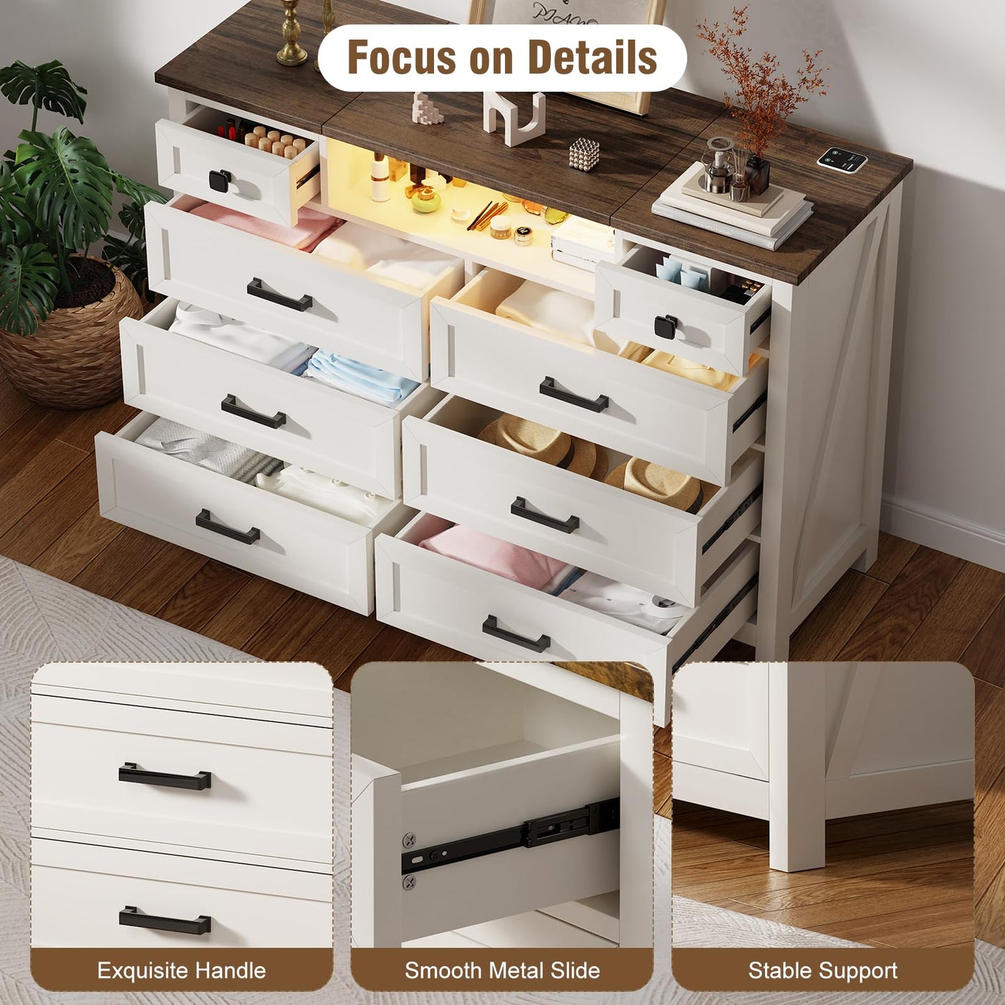 BROTTAR Dresser with Mirror for Bedroom, Chest of Drawers with LED Mirror, 8 Drawer Dresser with Charging Station, White Kids Dressers, Farmhouse Makeup Vanity with Storage for Bedroom