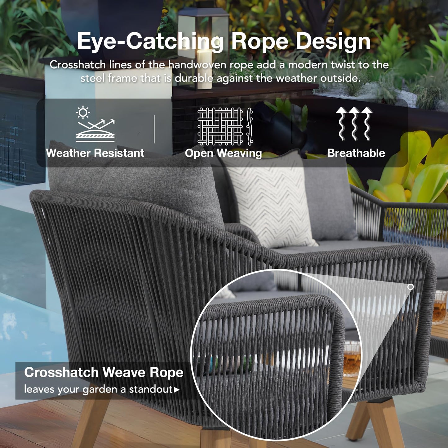 Patiorama 4-Piece Patio Furniture Set, Outdoor Acacia Wood Conversation Set, All-Weather Rope Sofa w/Coffee Table, Loveseat, Grey