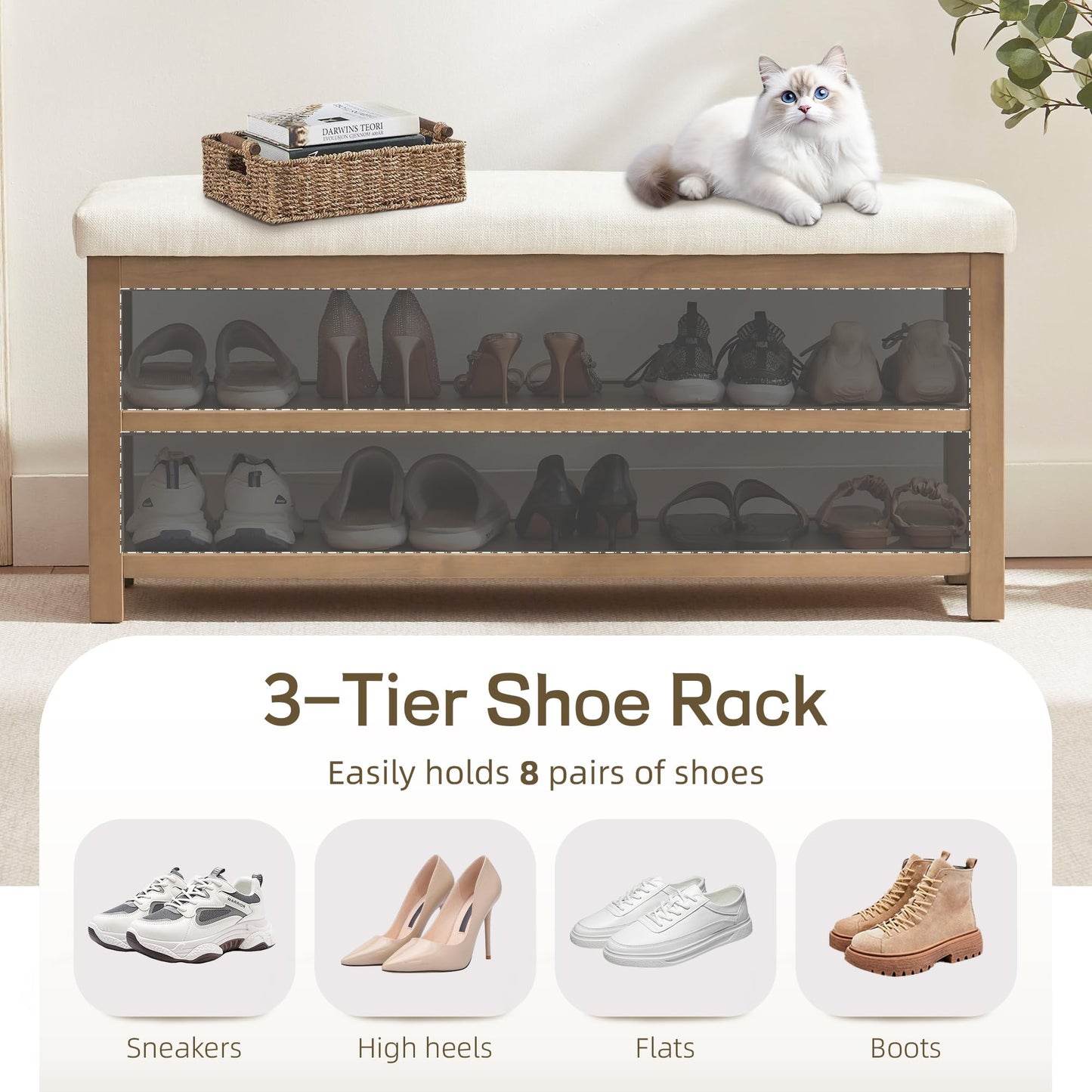 Zihanhome 2 Tier Shoe Rack Bench with Cushion, Solid Wood Shoe Benches, Mid-Century Modern Shoe Storage Bench for Entryway, Hallway, Living Room, Closet, Front Door Entrance, (Beige, 39.4")