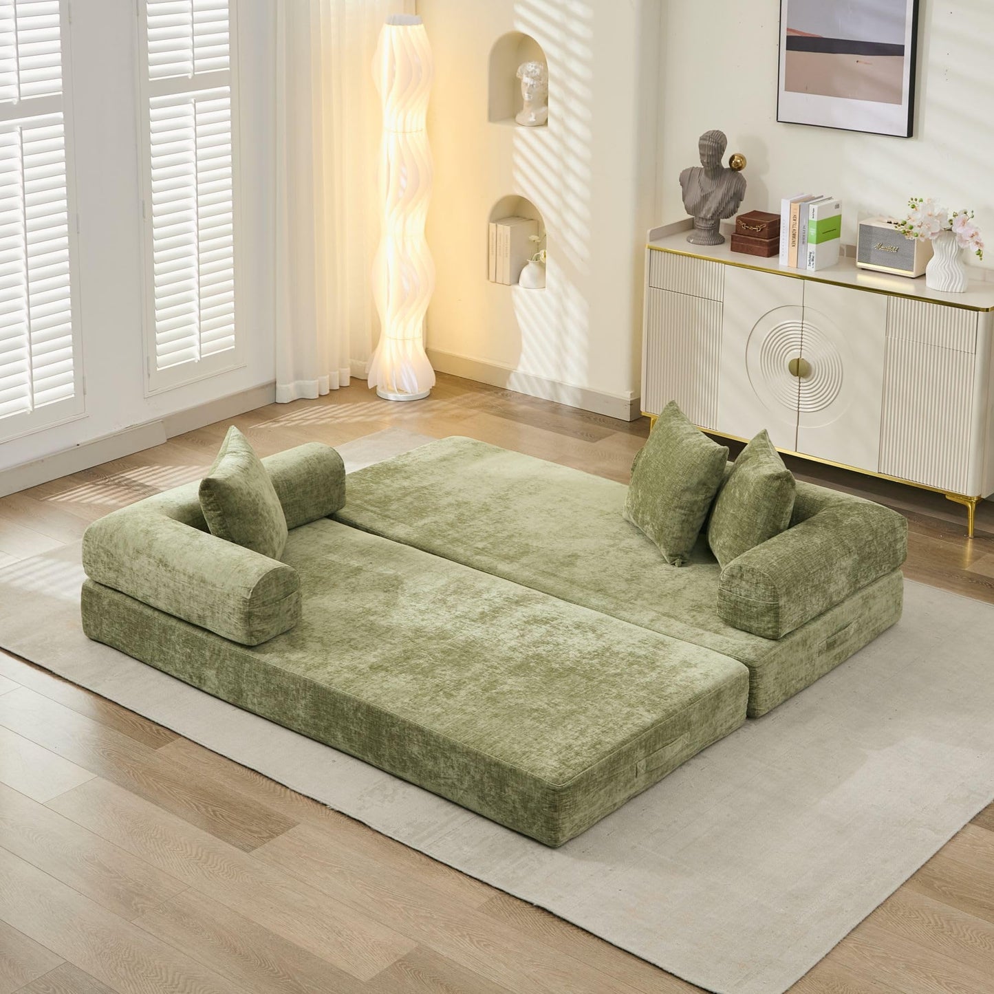 TISIMO Convertible Folding Sofa Bed Modular Floor Couch, 78.8‘’ Cloud Sleeper Sofa with Removable Backrest, Chenille Foldable Mattress Couch, Lazy Loveseat for Small Space, Apartment, Bedroom, Green