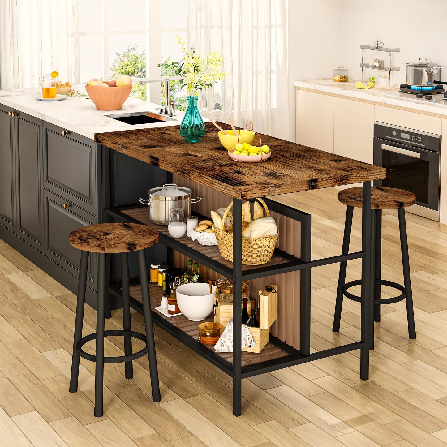 DKLGG Kitchen Island with Seating & Storage, Farmhouse Dining Table Set for 2, Space-Saving 3 Piece Dining Set Table & Chairs Island Table for Kitchen, Apartment, Dining Room, Rustic Brown