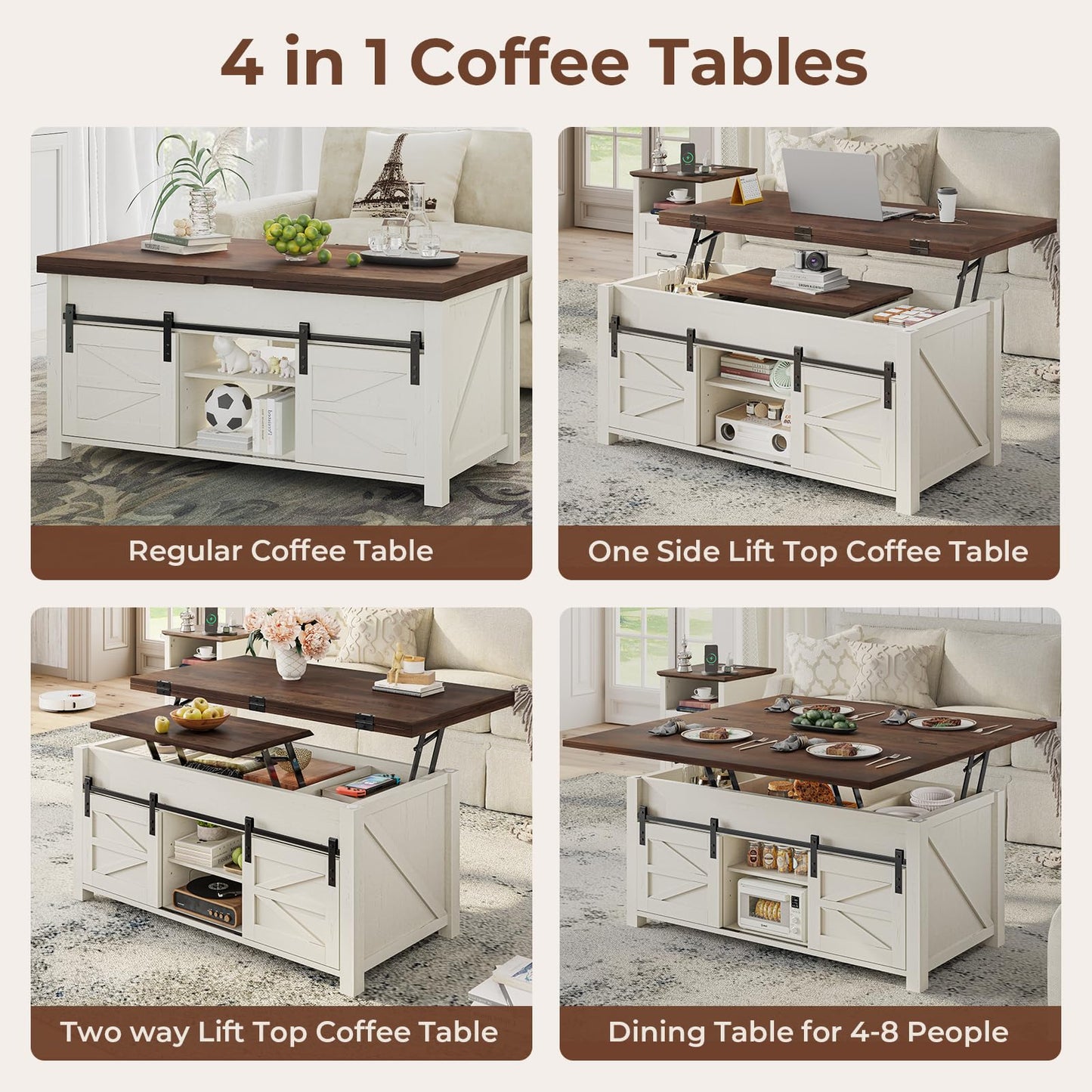 UPOSOJA Lift Top Coffee Table for Living Room with 4 Sliding Barn Doors, 4 in 1 Farmhouse Coffee Table with Adjustable Shelves and Hidden Storage Compartment, Converts to Dining Table (Brown White)