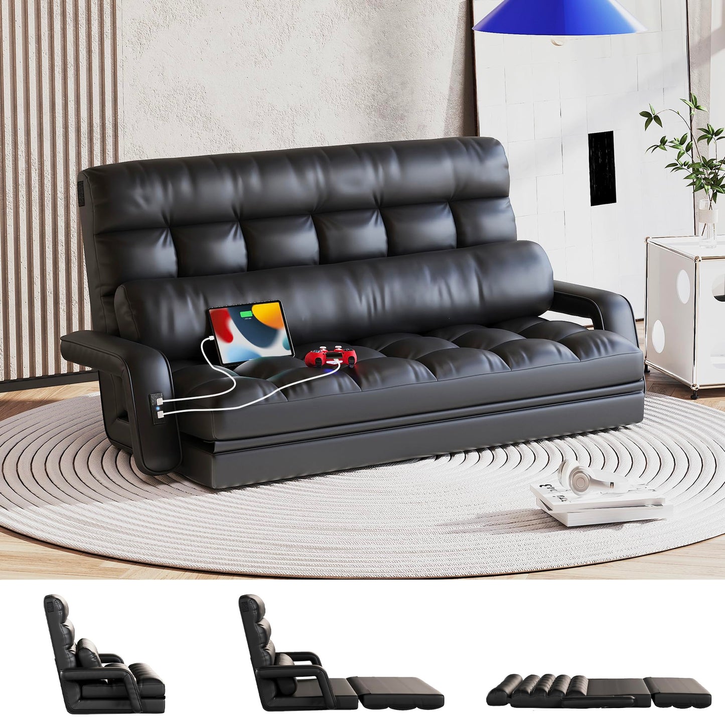 STHOUYN 6-Position Floor Couch Convertible Sleeper Sofa with USB, Black Leather Love Seat Sleeper Bed Small Space, Lounge Folding Sofa Bed with Pillow, Comfy Couch for Bedroom Living Room (Black)