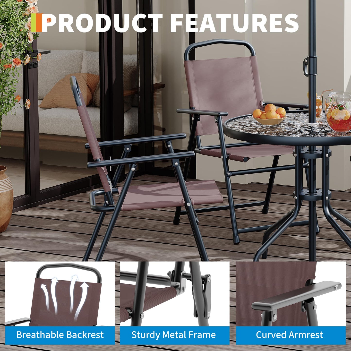 Patio Dining Set for 4 With Umbrella, Outdoor Furniture Set With 4 Folding Dining Chairs, Outdoor Table Umbrella Set With Tempered Glass Top Dinings Table