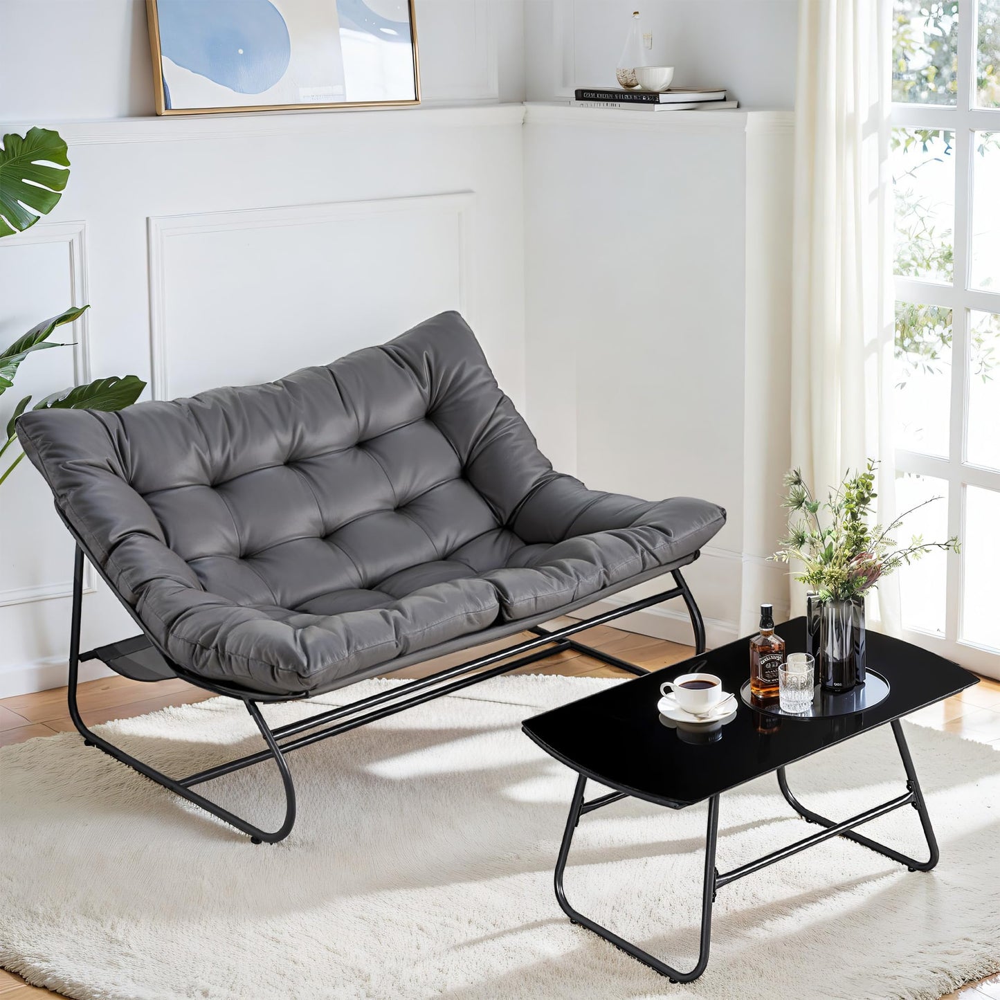 Patio Loveseat with Coffee Table, 2 Seater Oversized Outdoor Couch with Soft Cushion, 2 Pieces Patio Furniture Set, Outdoor Indoor Loveseat with Metal Frame for Porch, Garden, Living Room, Balcony