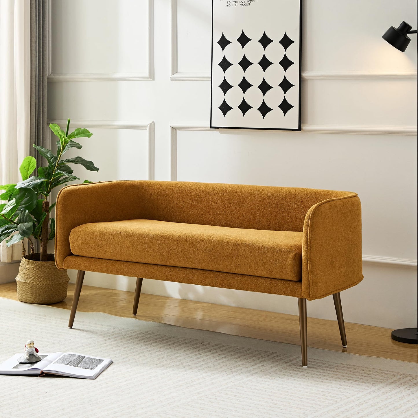 Forshare Bedroom Bench and Entryway Bench with Low backrest and armrests, Yellow Fabric,Inside Sturdy Metal Frame