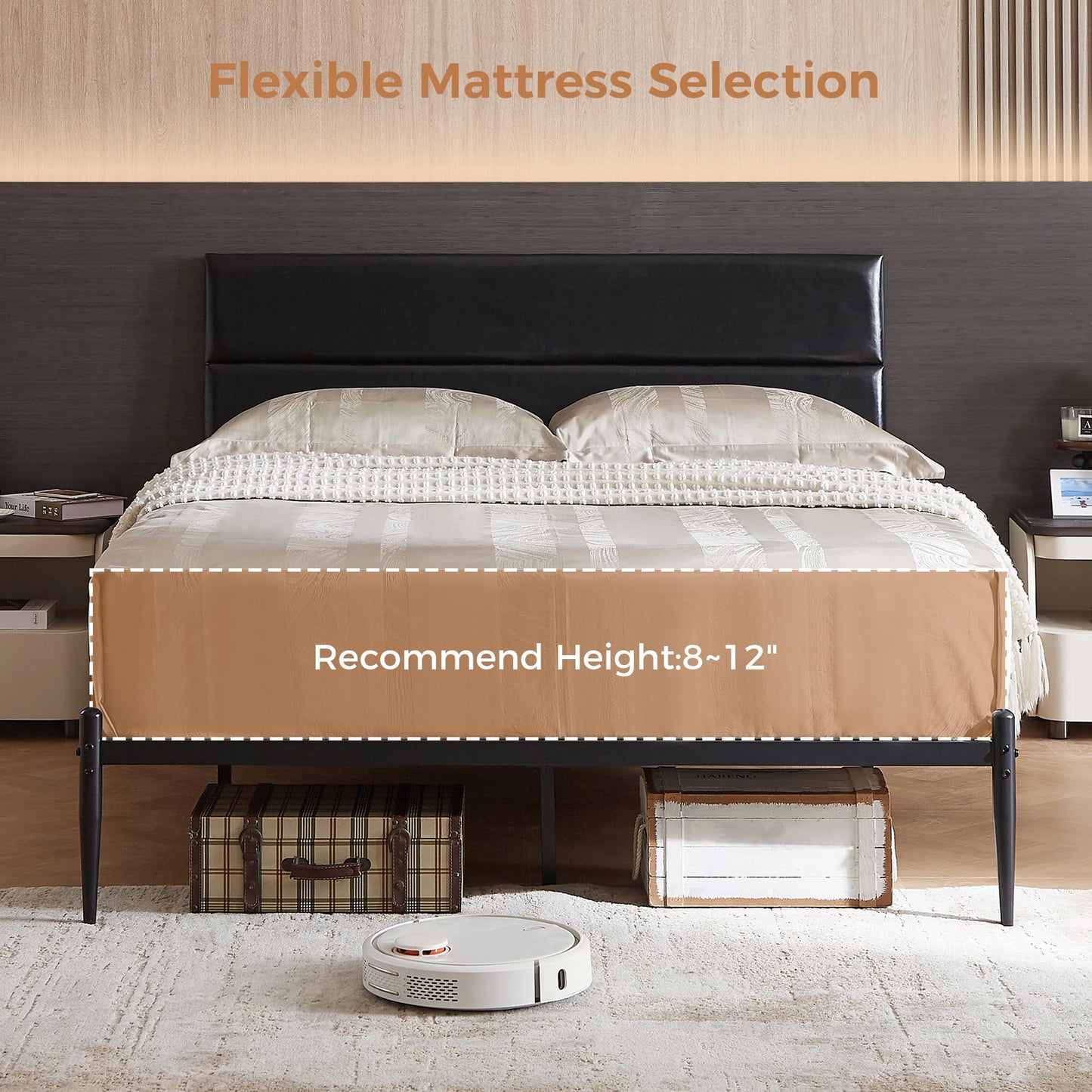 BedsPick Queen Size Bed Frame, Platform Bed Frame with Upholstered Headboard, 12 Quiet Slats, Urban Style Design, No Box Spring Needed (Dark Black)