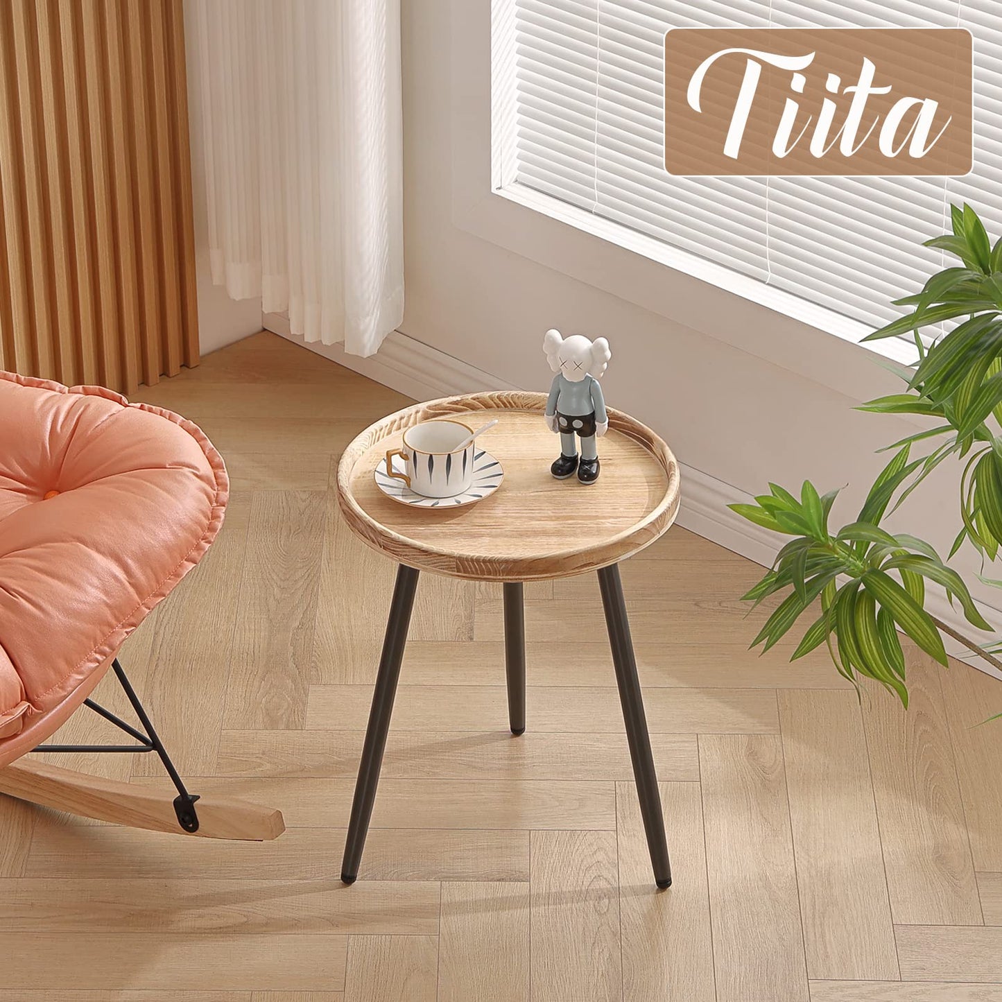 Tiita Round End Table Mental Side Table Nightstand/Small Wood Tables Accent Coffee Table with Wooden Tray for Living Room Bedroom Office Small Space