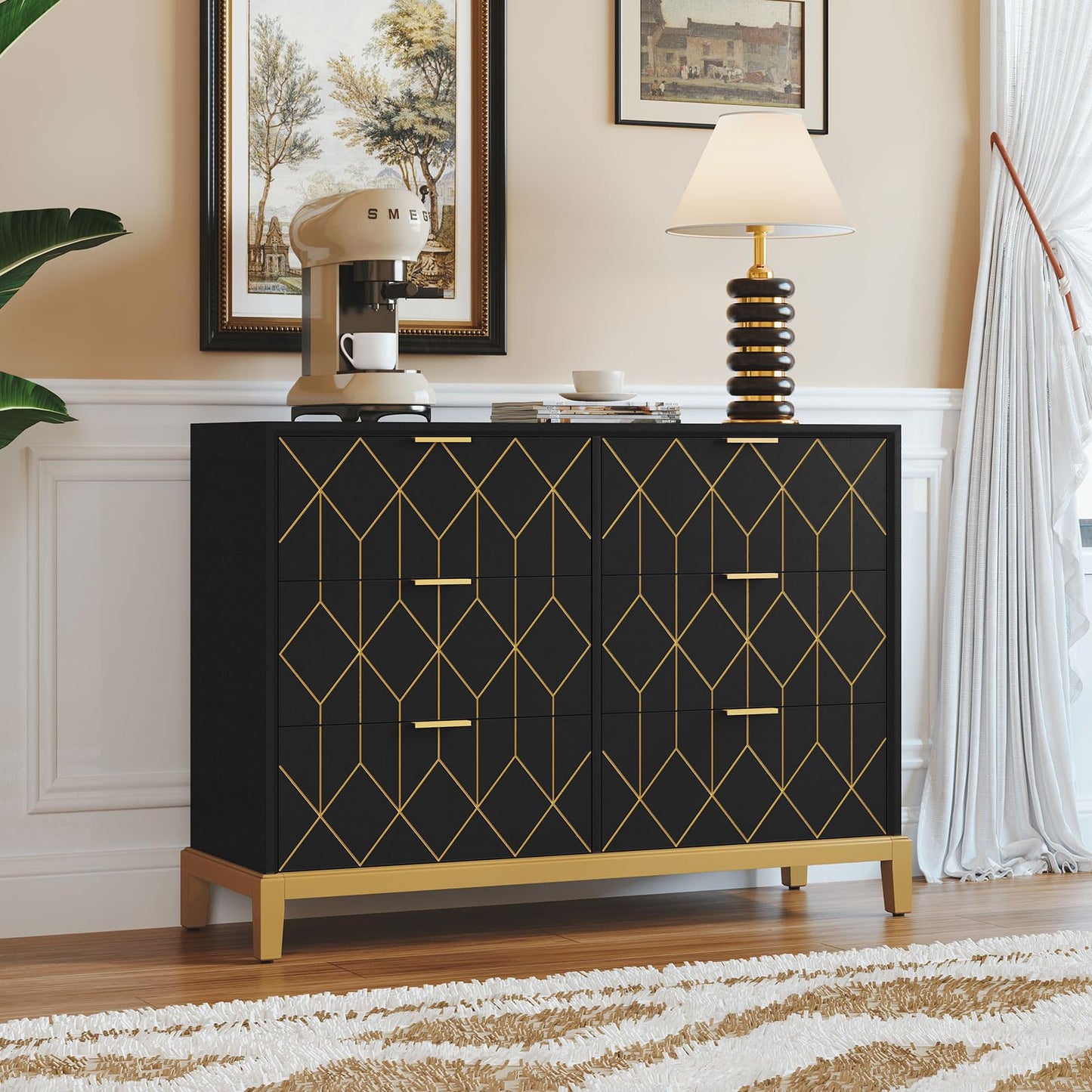HLR Black Dresser with 6 Drawers,48" Modern Dresser Wide Chest of Drawers with Gold Lines Carved Design,TV Stand, Wood Dressers & Chest of Drawers for Bedroom, Living Room, Hallway