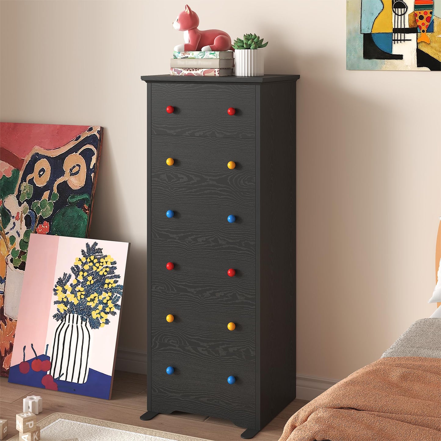 LIKIMIO Tall Skinny Dresser, 6 Drawer Dresser Tall with Colorful Handles, Chest of Drawers for Bedroom, 51.5" H Modern Wooden Storage Cabinet with Metal Sliding Rail, Black
